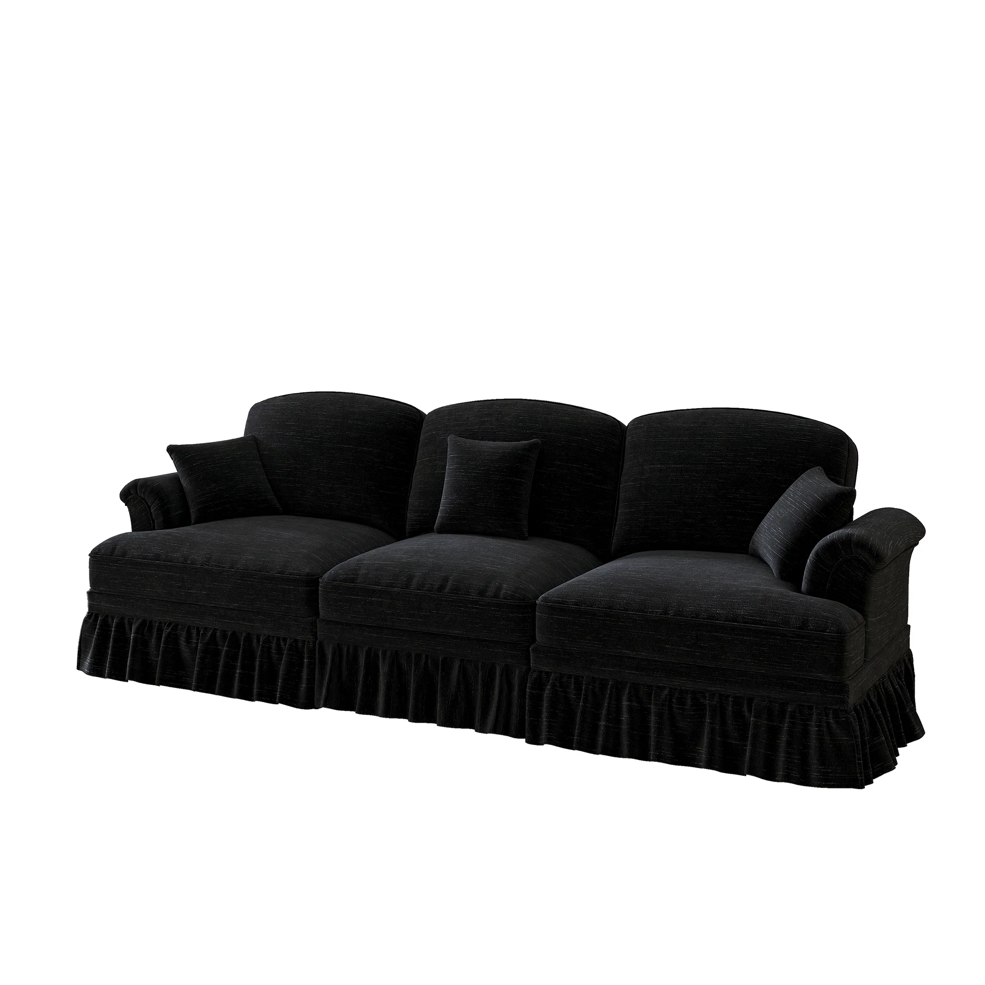 Sofa 3-seater Mid-Century Chenille Ruffled Apron - Black - Image 10