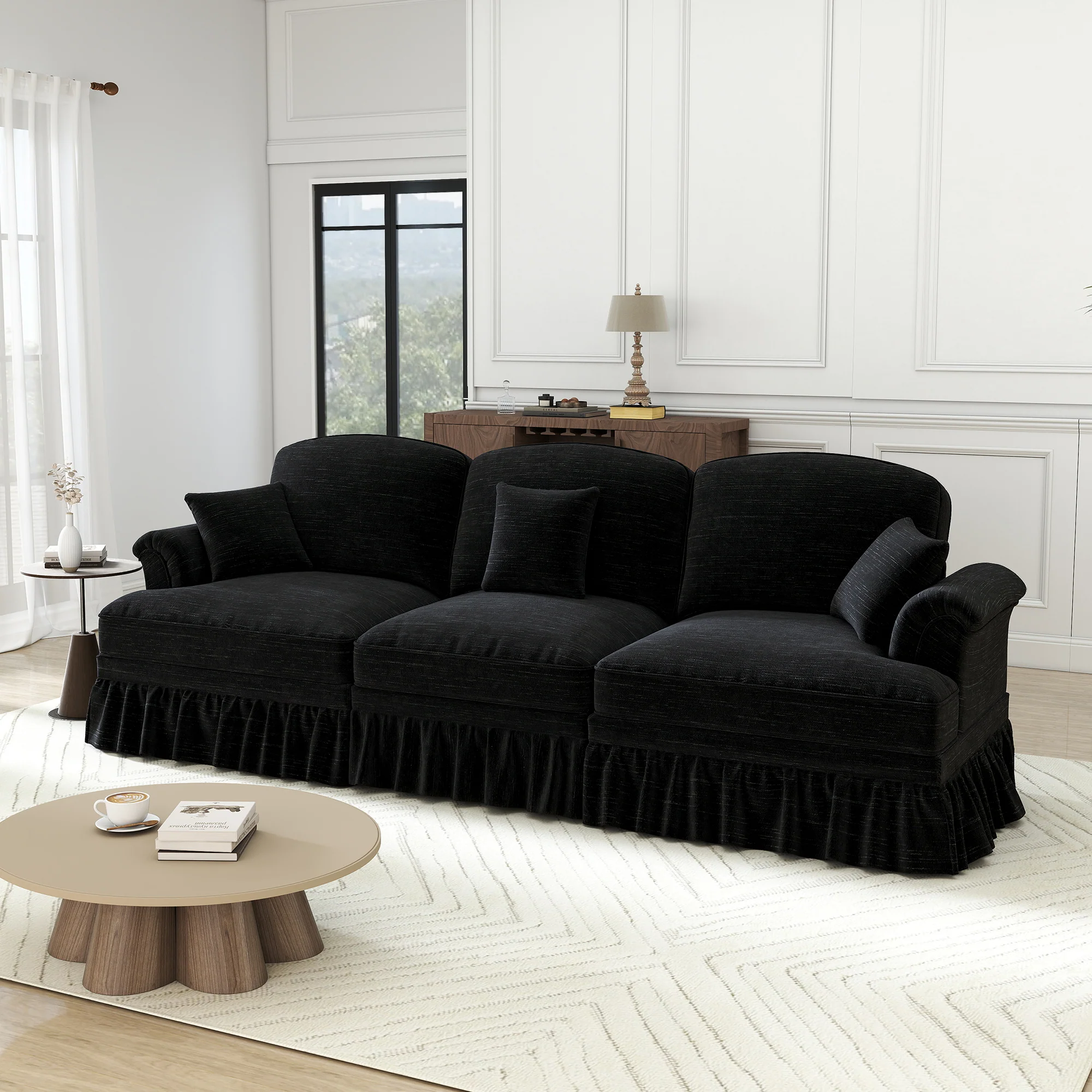 Sofa 3-seater Mid-Century Chenille Ruffled Apron - Black - Image 2