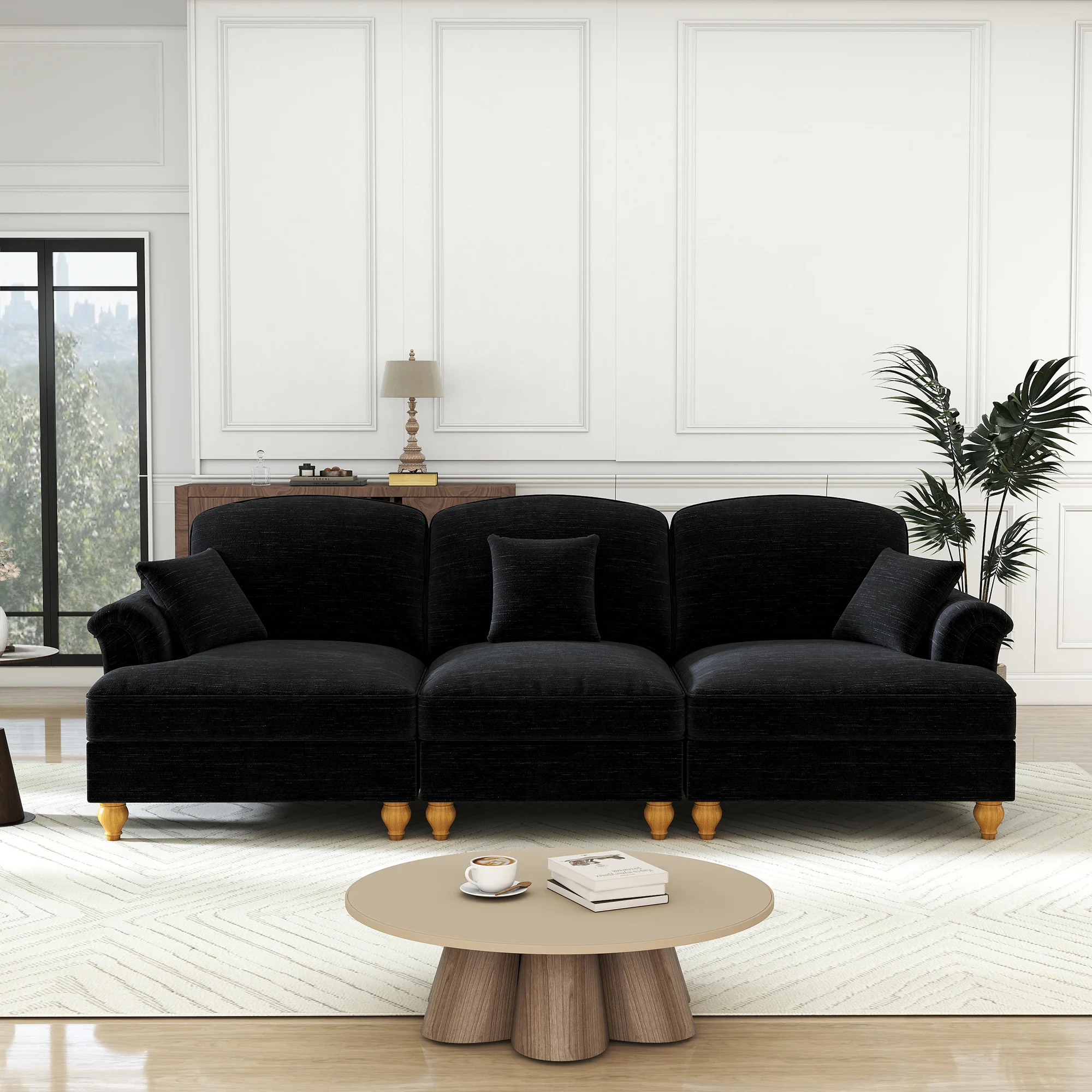 Sofa 3-seater Mid-Century Chenille Ruffled Apron - Black - Image 3