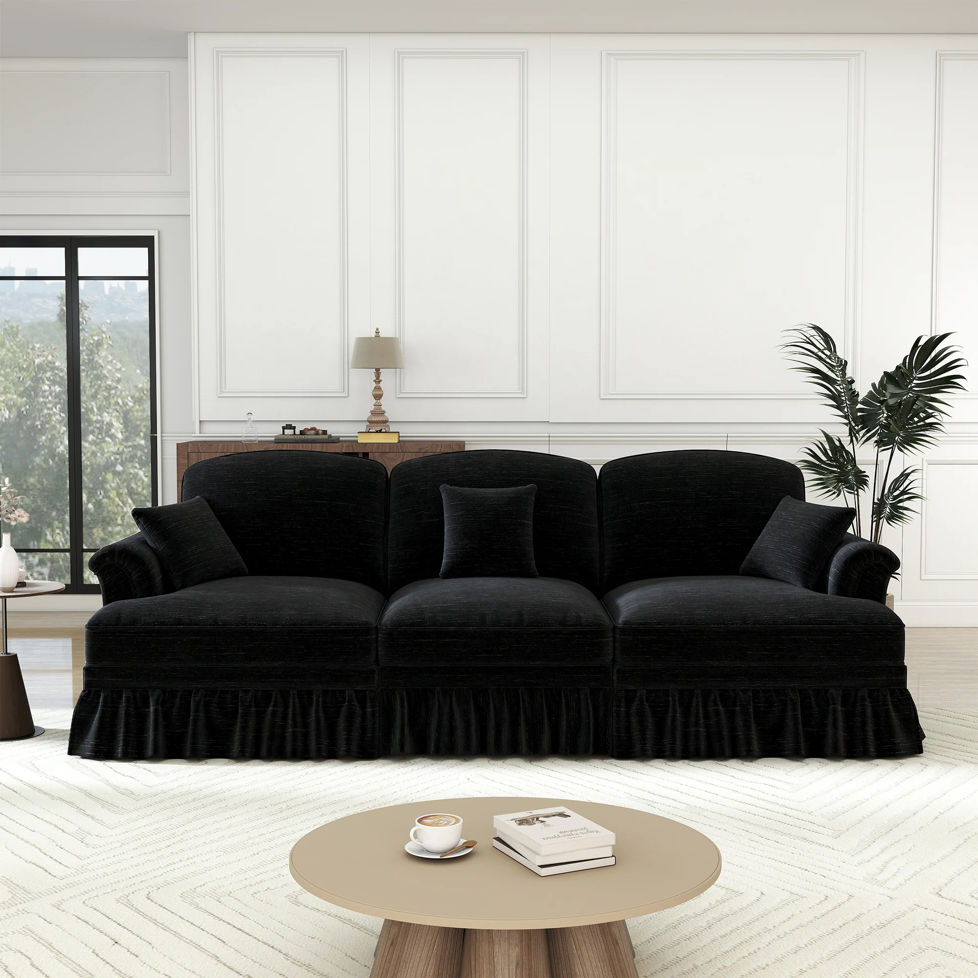 Sofa 3-seater Mid-Century Chenille Ruffled Apron - Black - Image 4