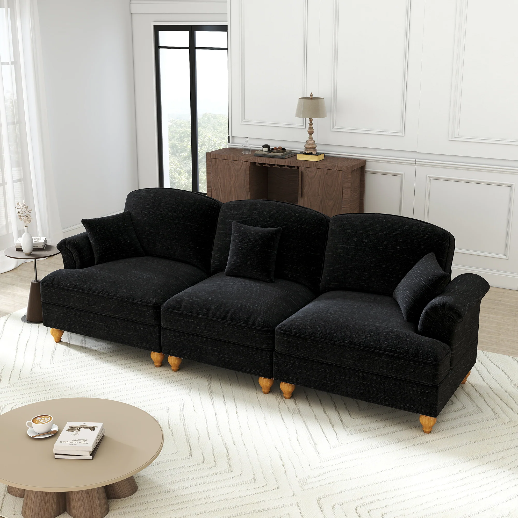 Sofa 3-seater Mid-Century Chenille Ruffled Apron - Black - Image 5