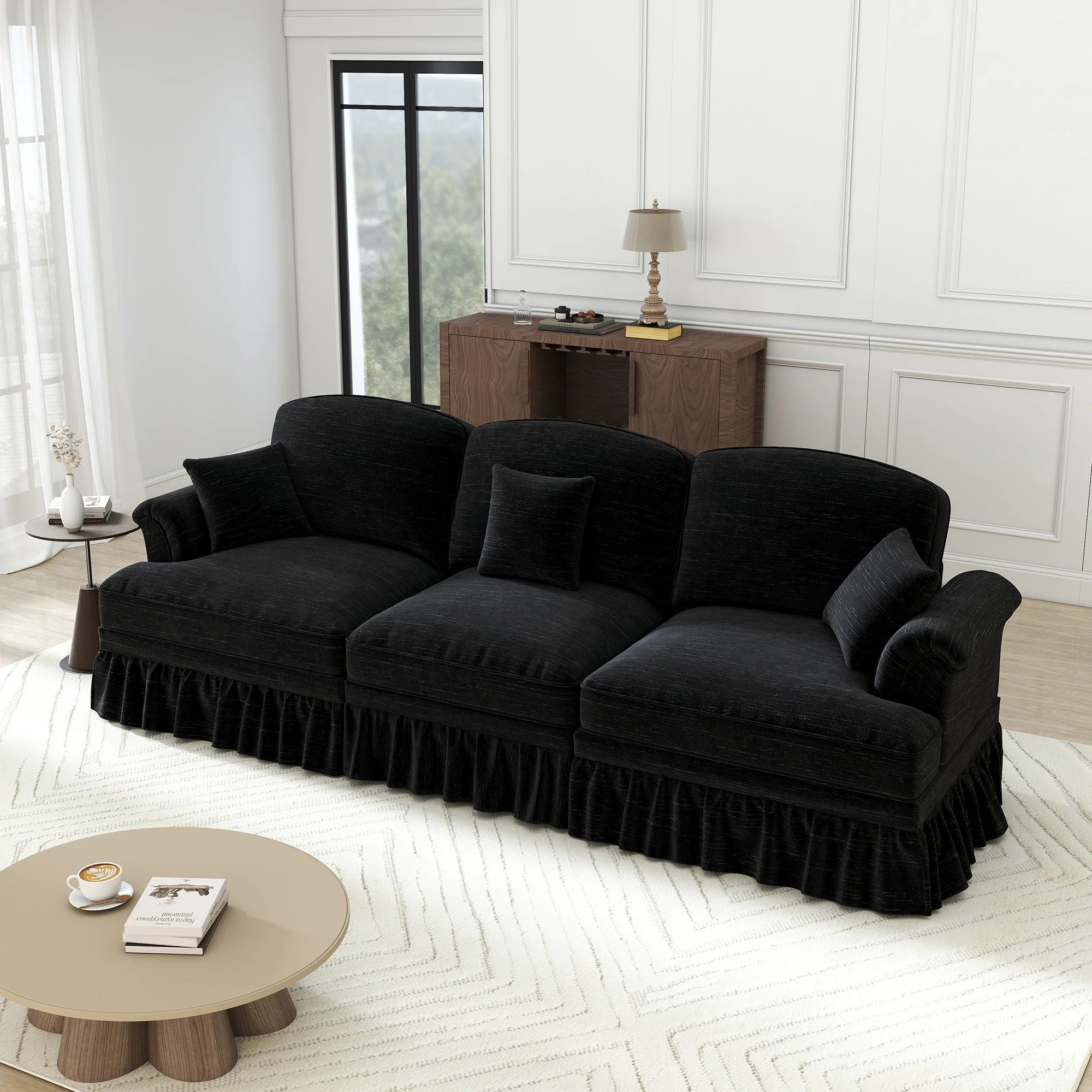Sofa 3-seater Mid-Century Chenille Ruffled Apron - Black - Image 6