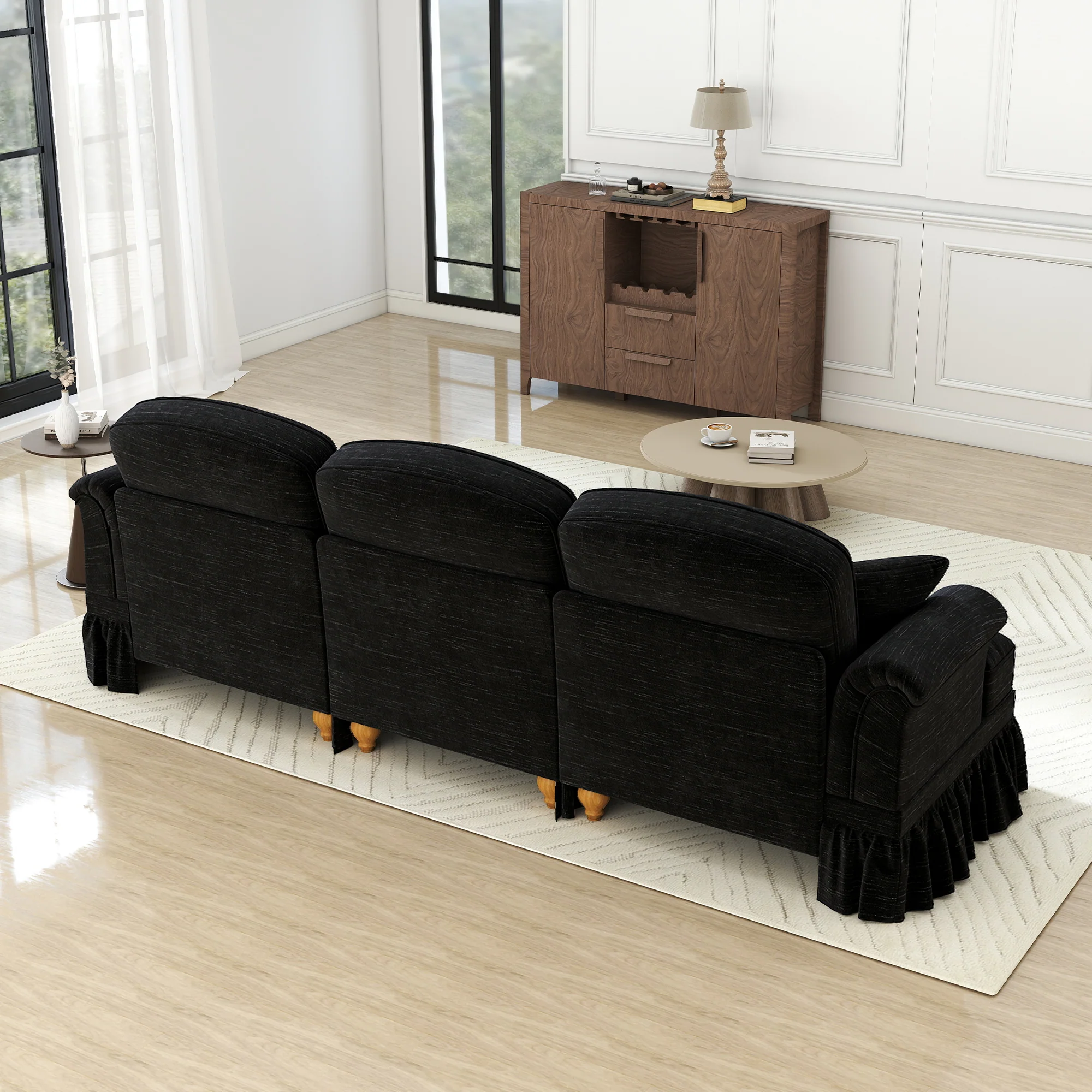 Sofa 3-seater Mid-Century Chenille Ruffled Apron - Black - Image 7
