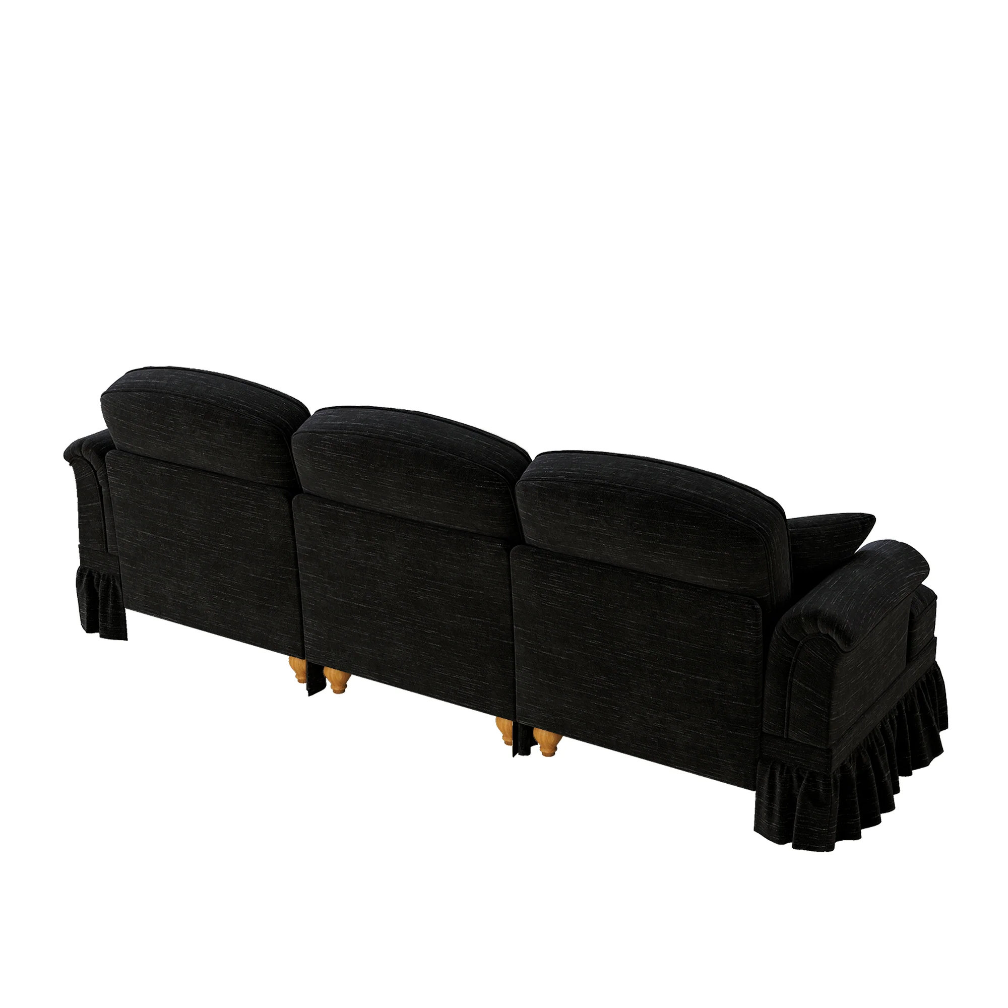Sofa 3-seater Mid-Century Chenille Ruffled Apron - Black - Image 8