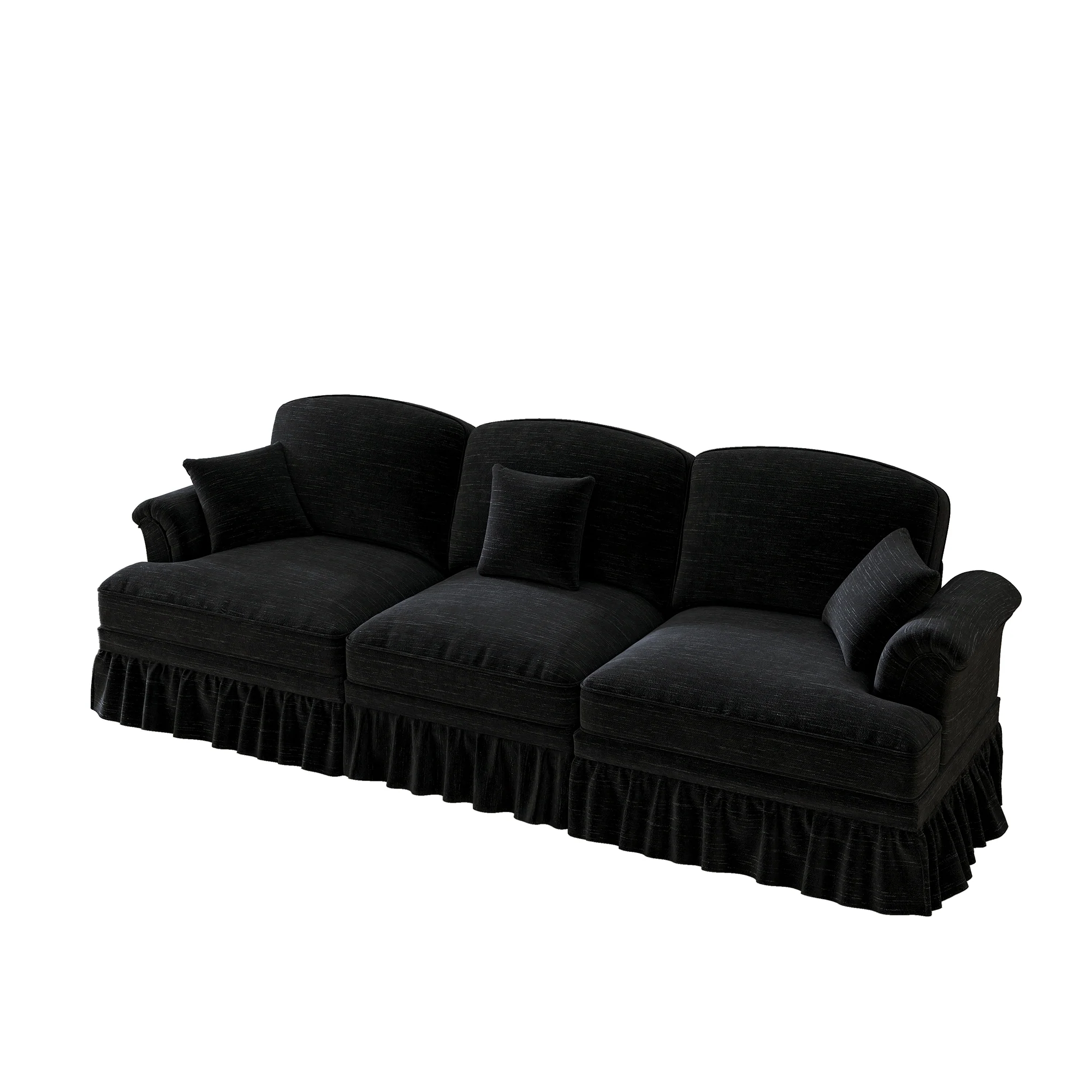 Sofa 3-seater Mid-Century Chenille Ruffled Apron - Black - Image 9