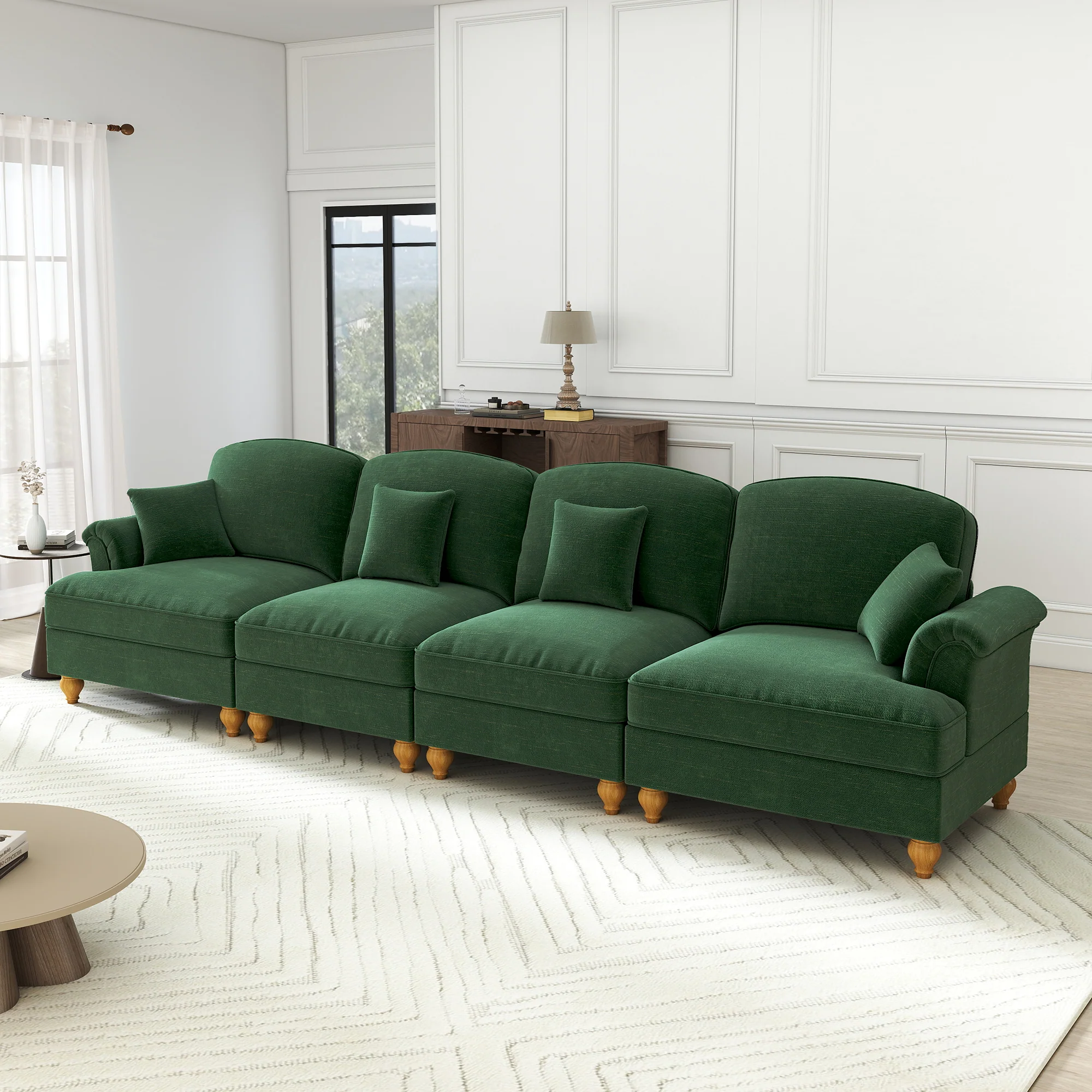Sofa 4-Seater Mid-Century Chenille Ruffled Apron Spindle Legs - Green