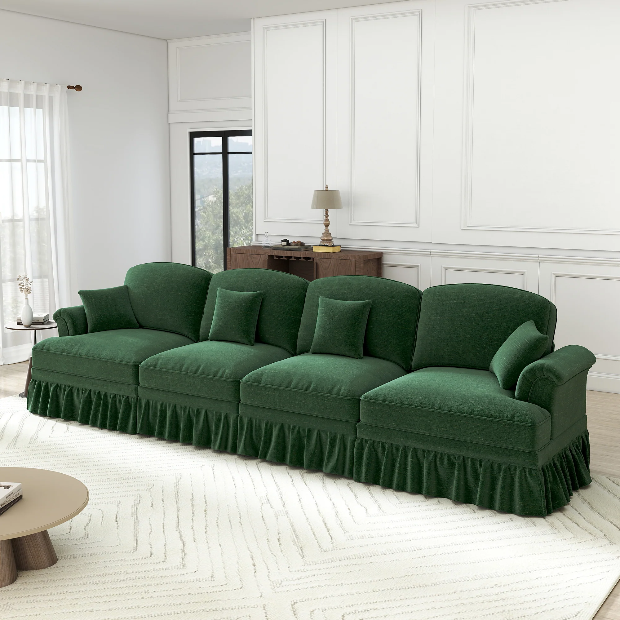 Sofa 4-Seater Mid-Century Chenille Ruffled Apron Spindle Legs - Green - Image 2