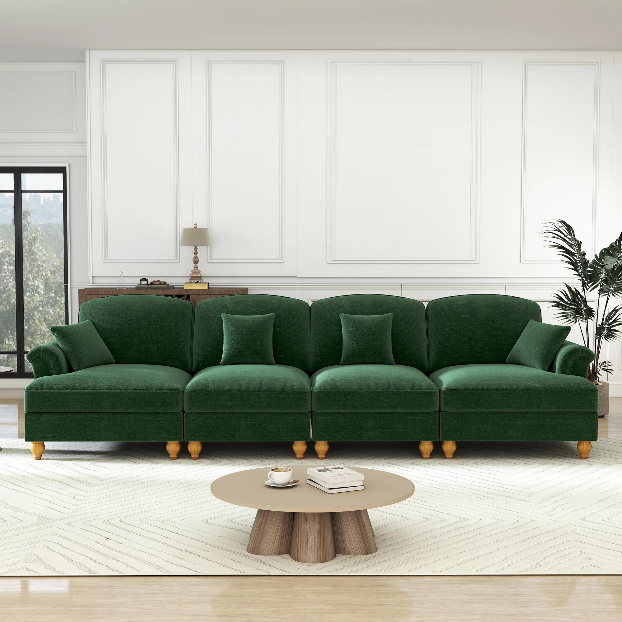 Sofa 4-Seater Mid-Century Chenille Ruffled Apron Spindle Legs - Green - Image 3