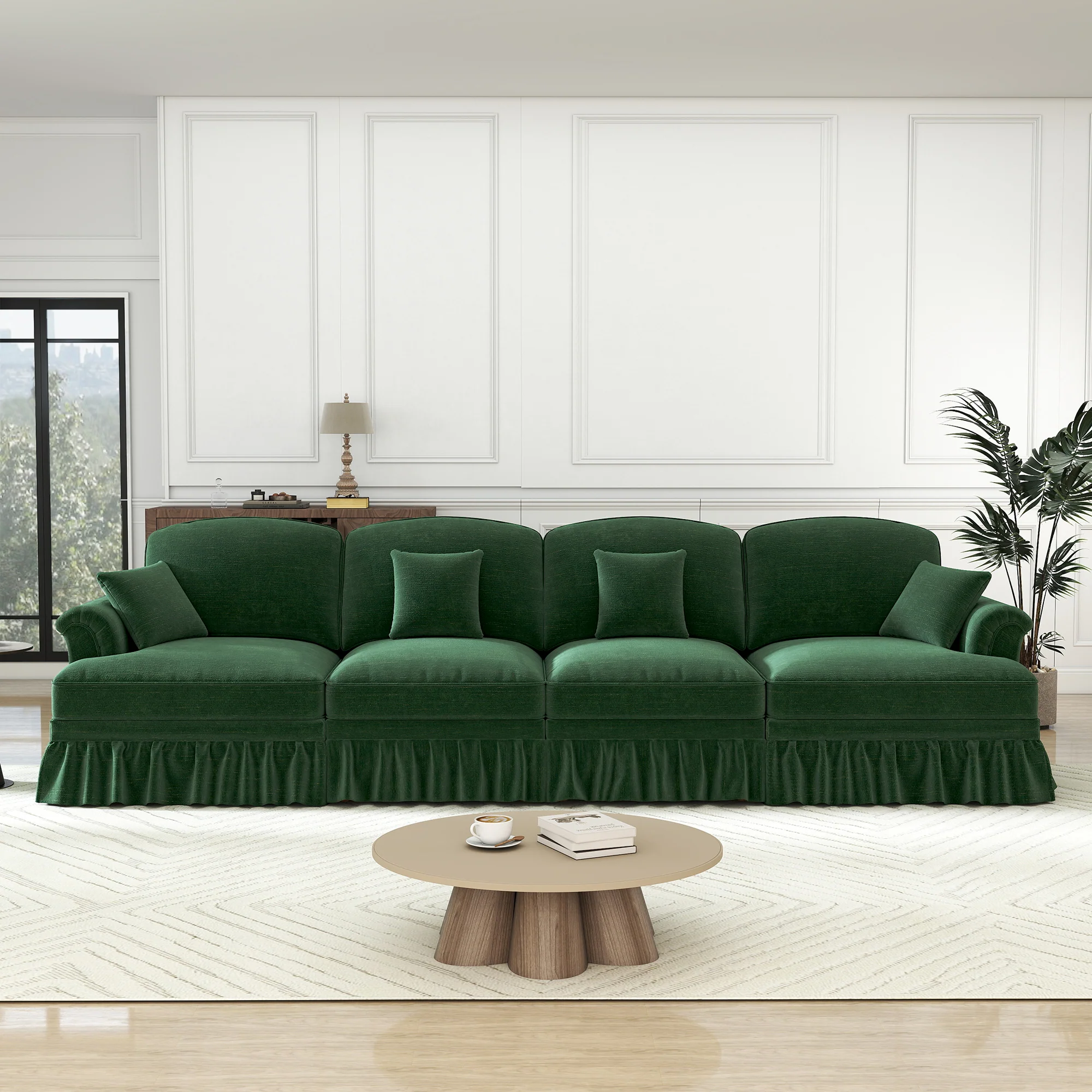 Sofa 4-Seater Mid-Century Chenille Ruffled Apron Spindle Legs - Green - Image 4