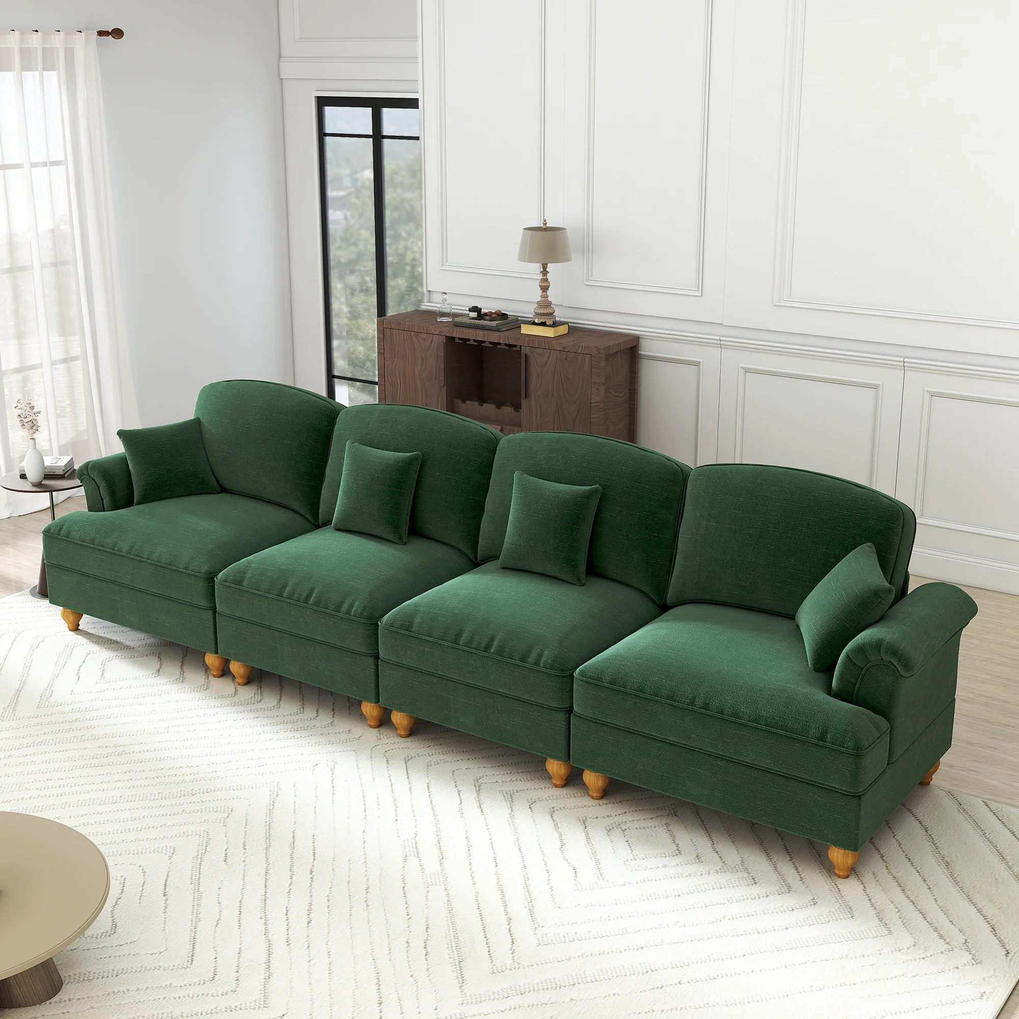 Sofa 4-Seater Mid-Century Chenille Ruffled Apron Spindle Legs - Green - Image 6