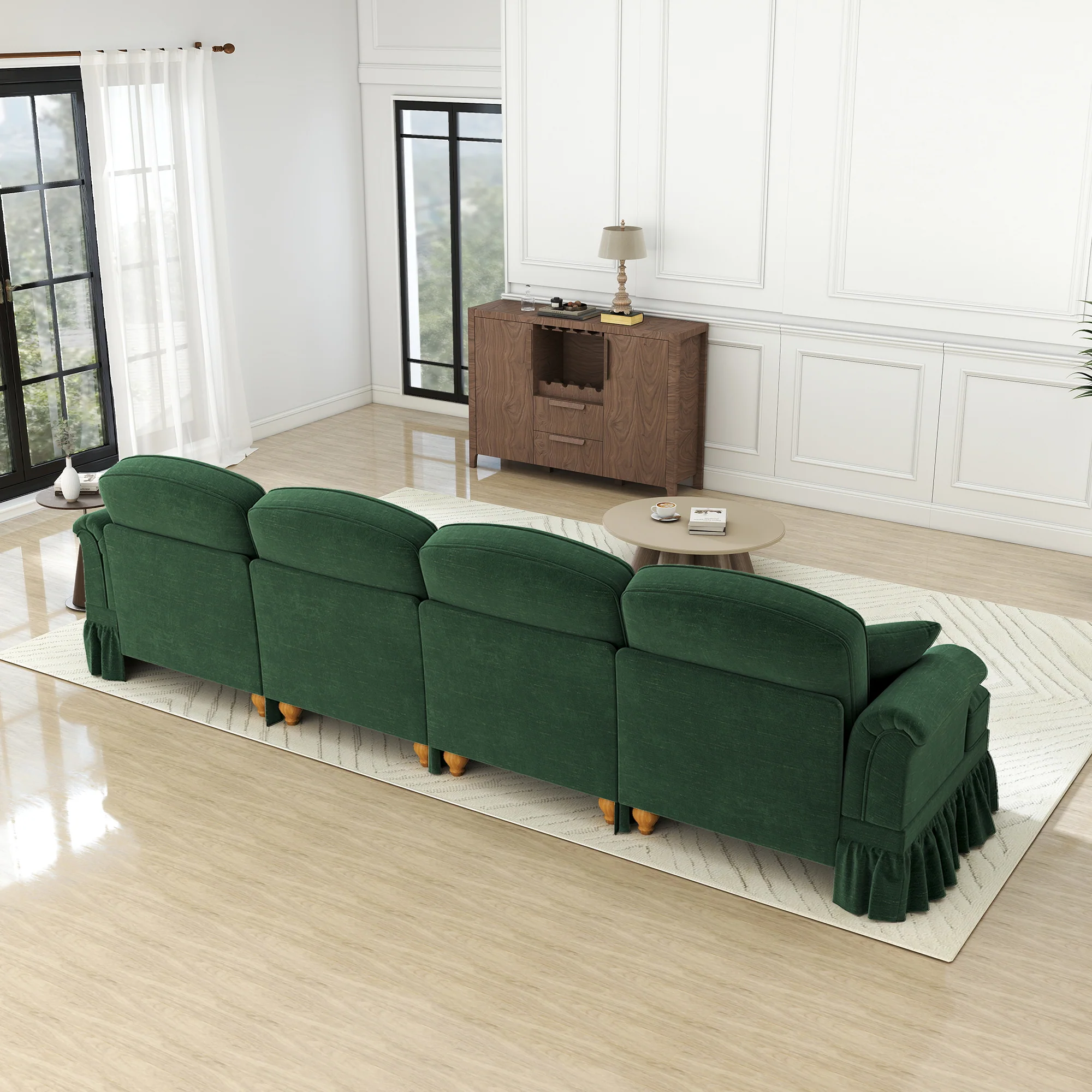 Sofa 4-Seater Mid-Century Chenille Ruffled Apron Spindle Legs - Green - Image 7