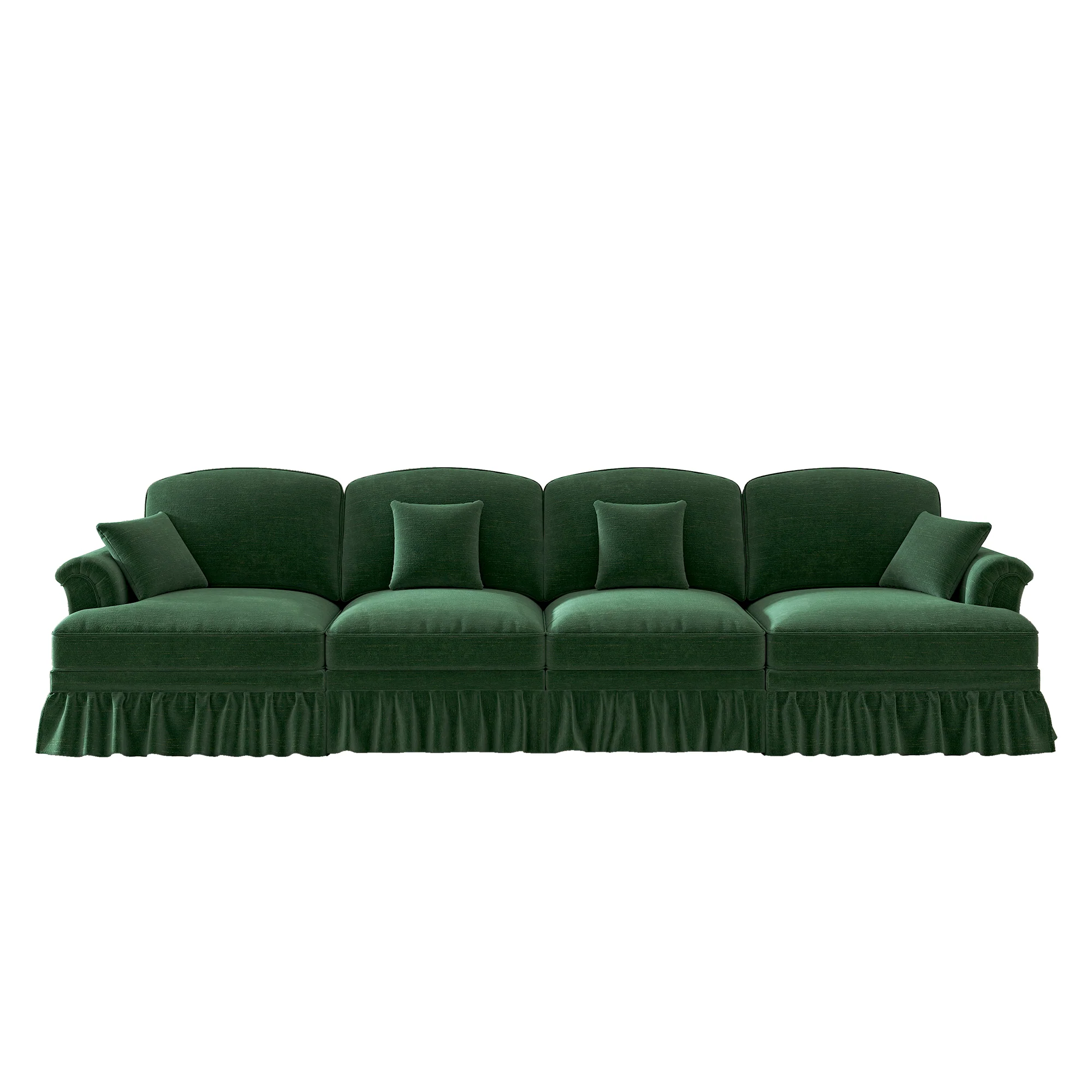 Sofa 4-Seater Mid-Century Chenille Ruffled Apron Spindle Legs - Green - Image 9