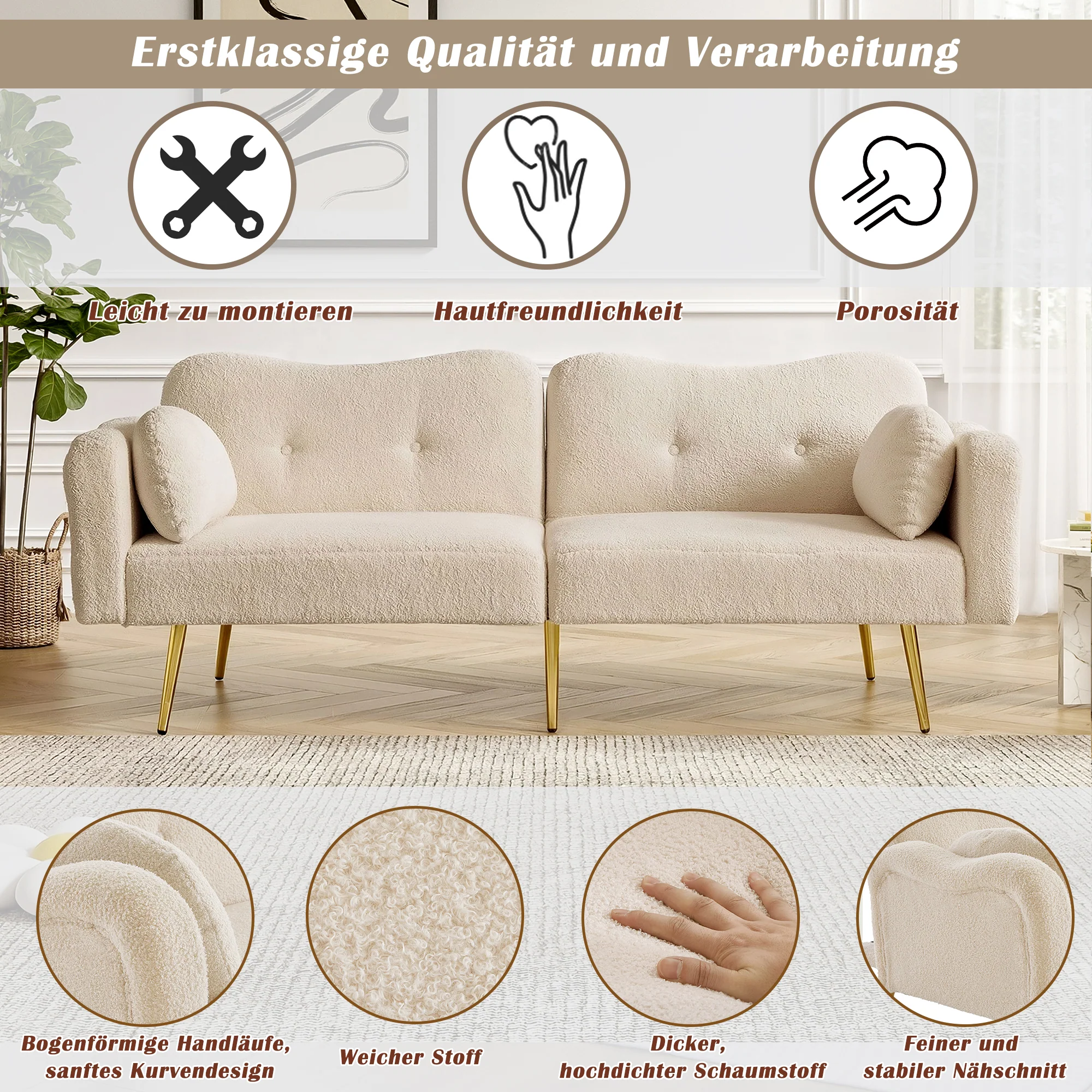 Sofa Bed 2-Seater Adjustable Backrest Gold Metal Feet - Image 4