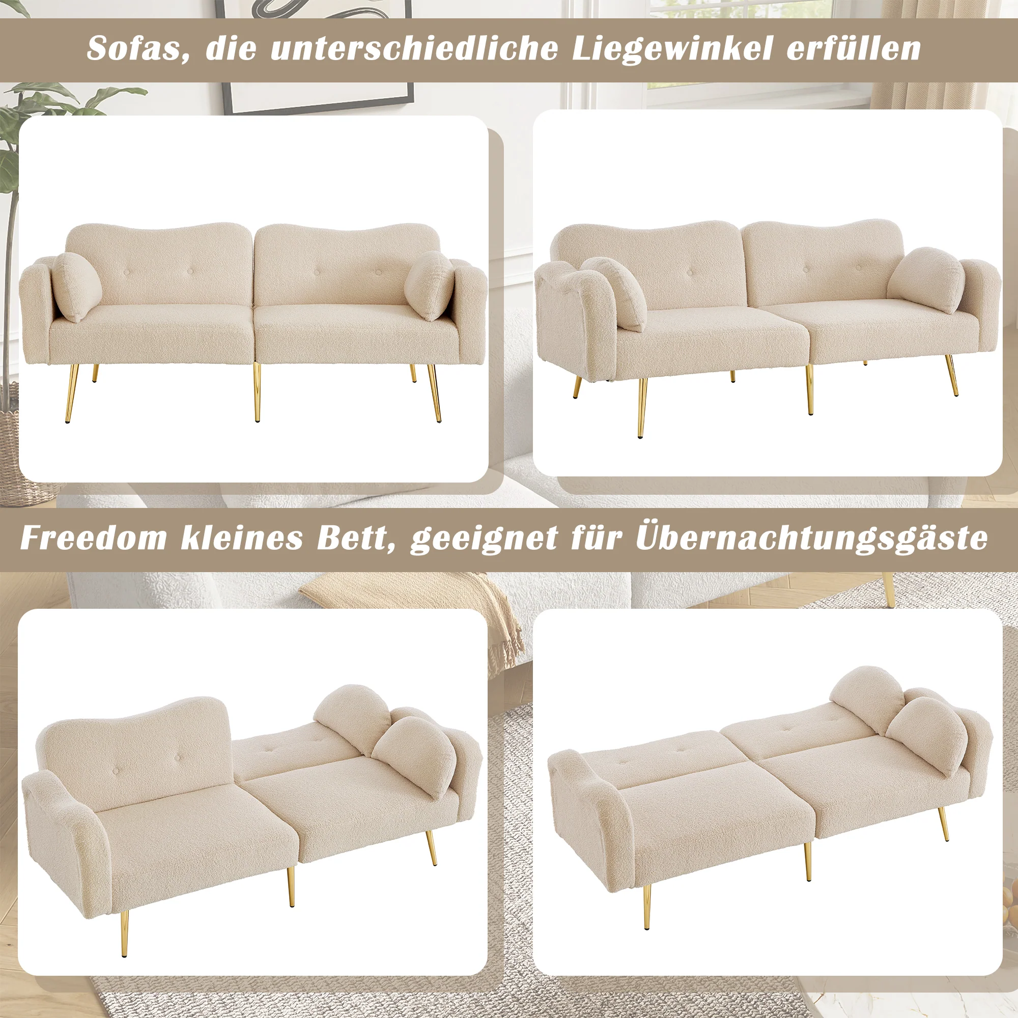 Sofa Bed 2-Seater Adjustable Backrest Gold Metal Feet - Image 5