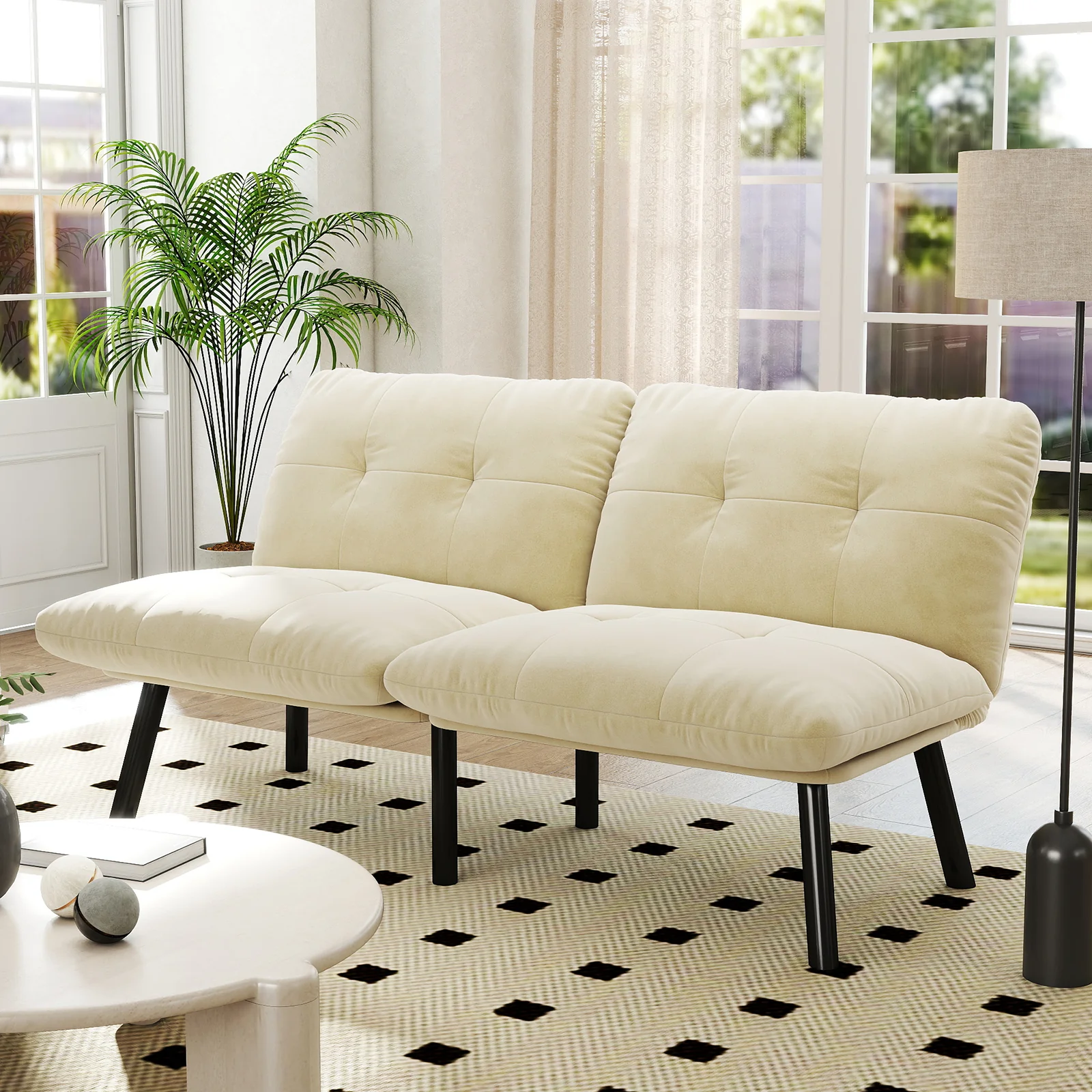 Sofa Bed 2-Seater Foldable Futon - Cream - Image 2