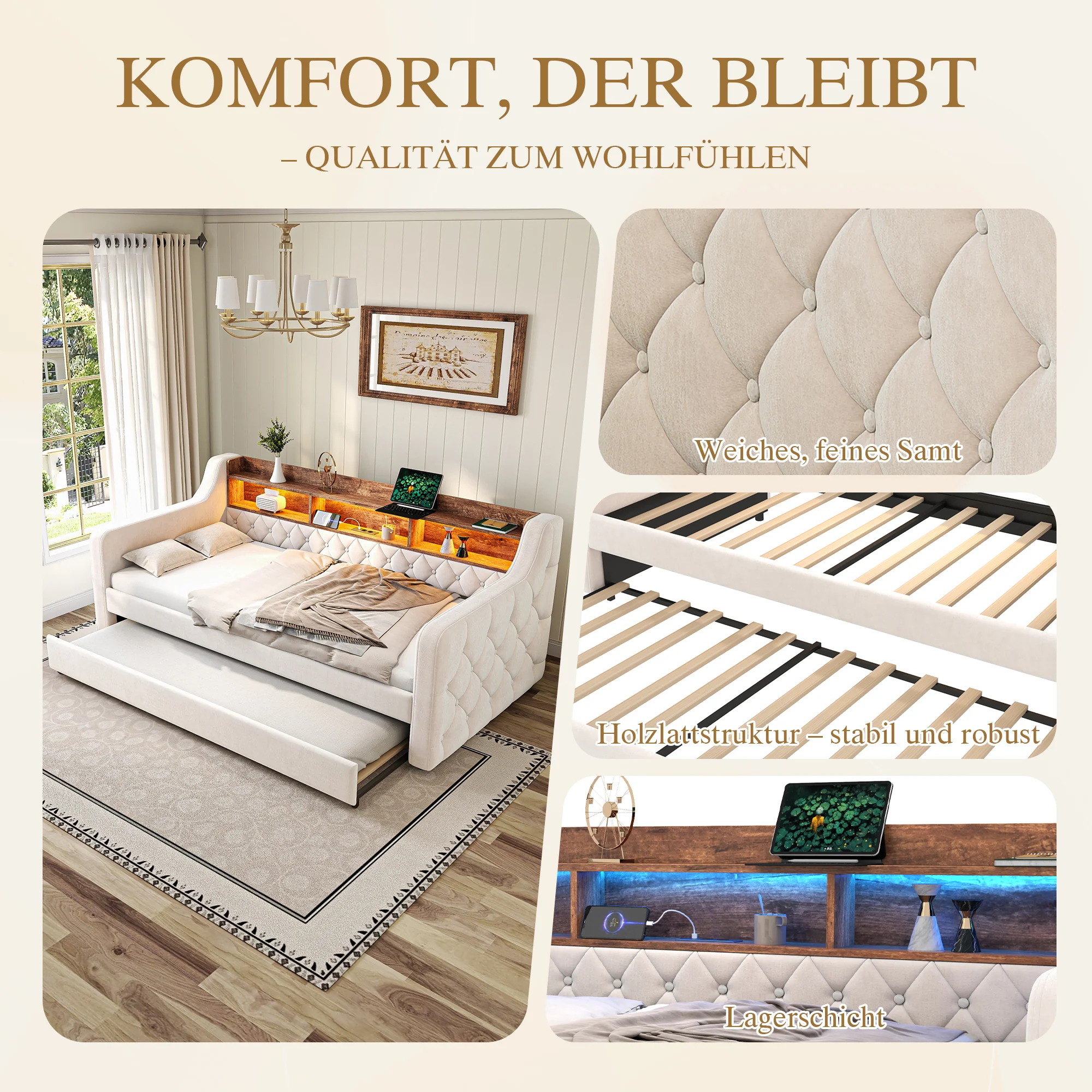 Sofa Bed 90x190cm Storage LED USB-C - Beige Velvet - Image 8