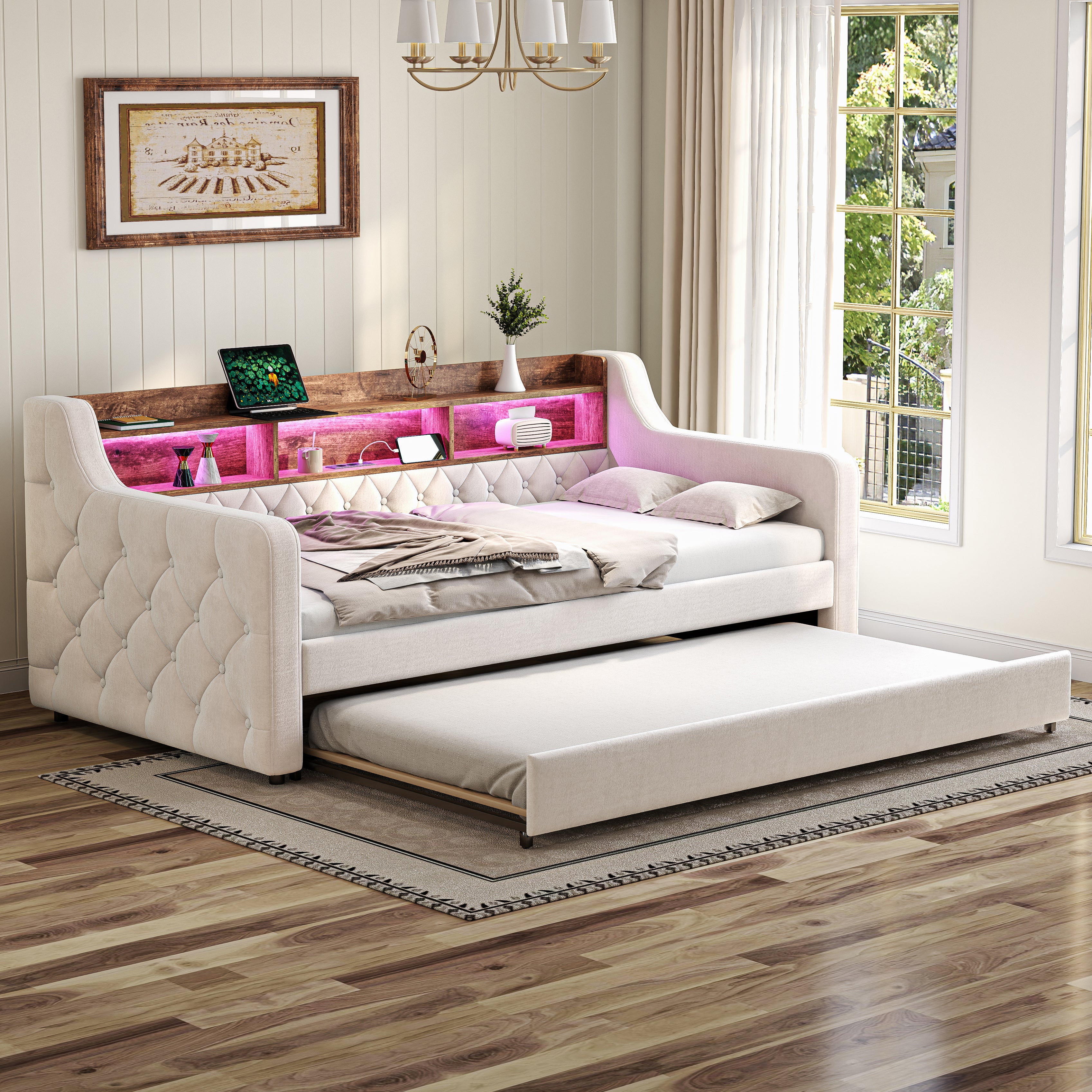 Sofa Bed 90x190cm Storage LED USB-C - Beige Velvet - Image 9