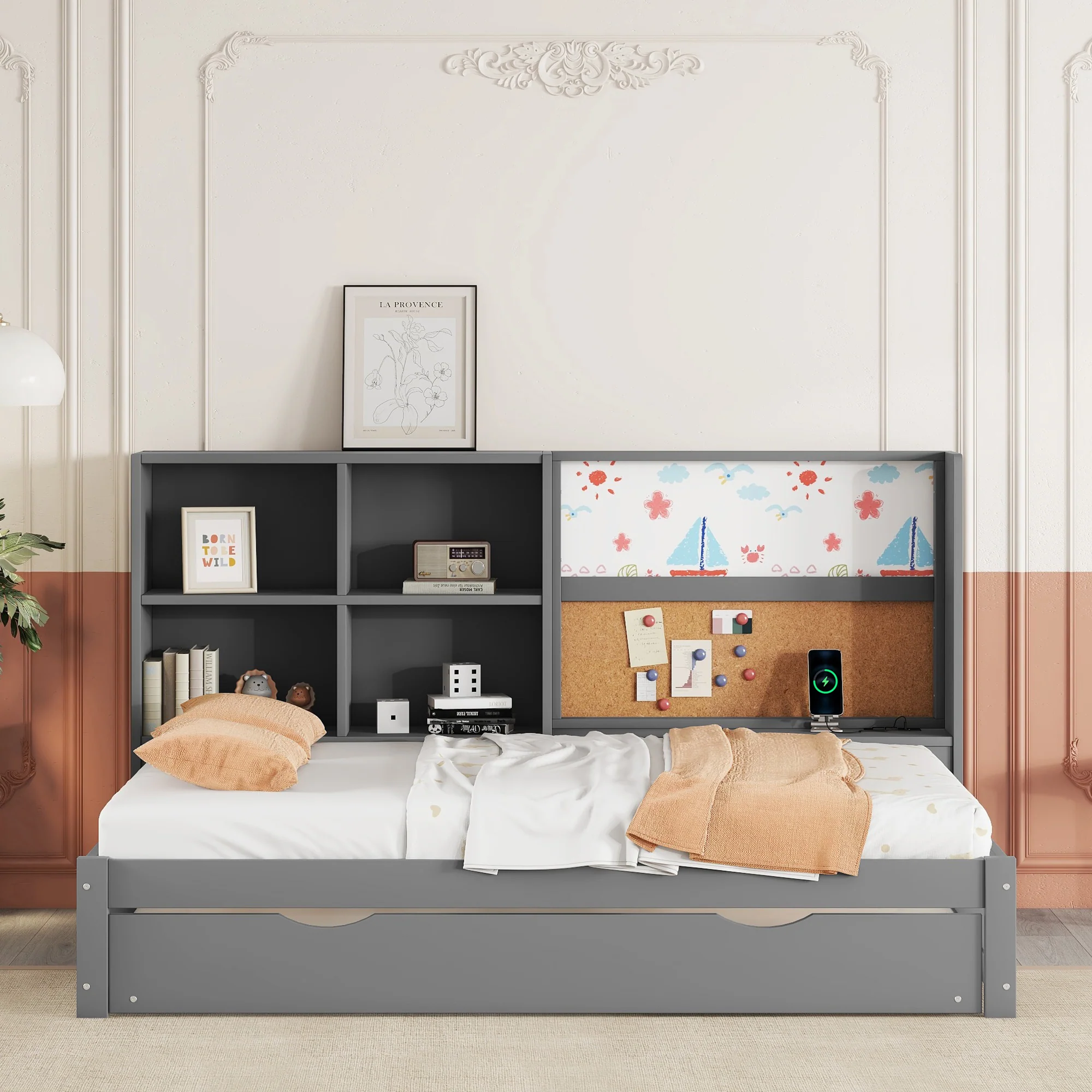 Sofa Bed 90x200cm Pull-out Bed USB Charging Drawing Board Storage - Grey - Image 4