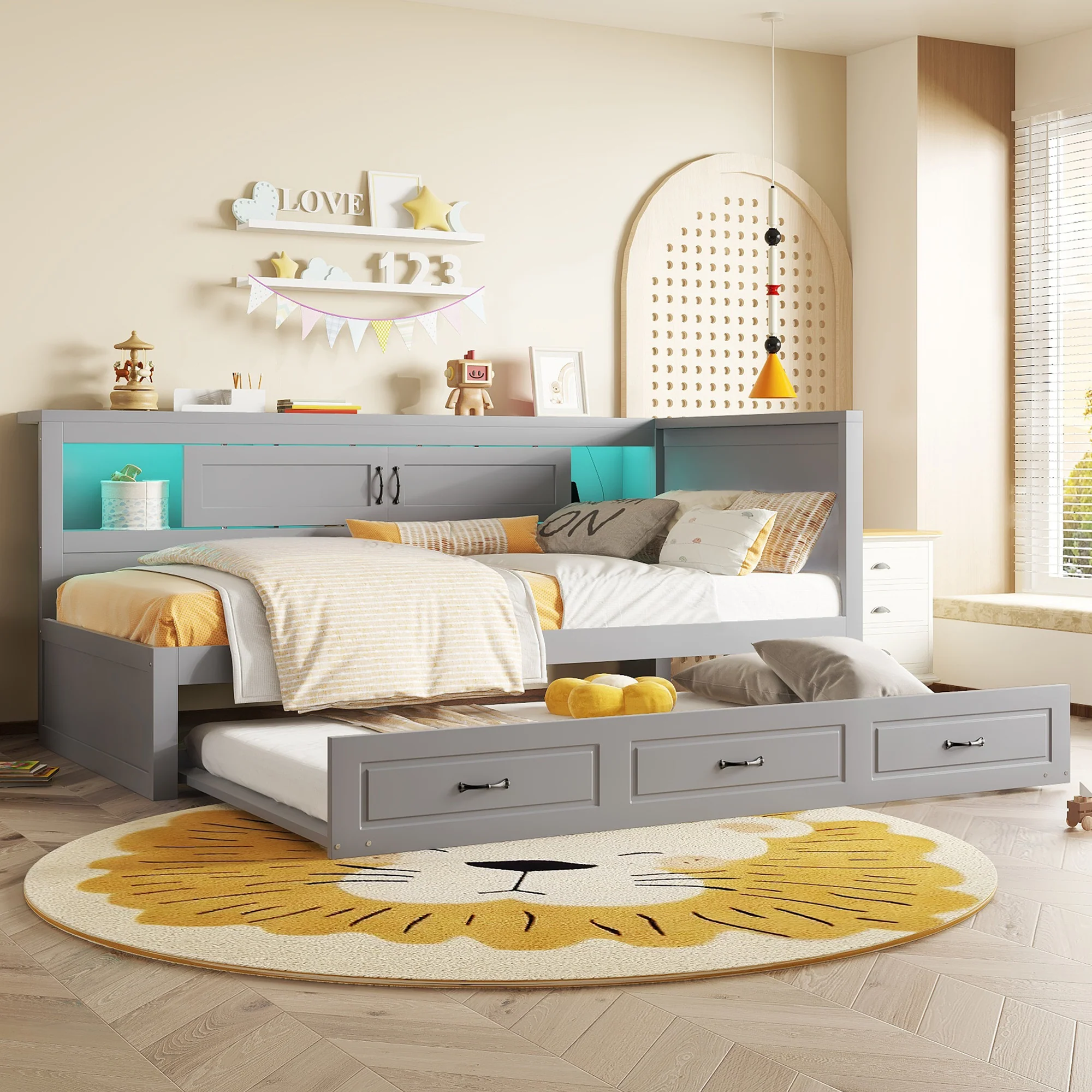 Sofa Bed Daybed 90x200cm Pull-out Bed LED Storage USB Outlet - Grey - Image 6