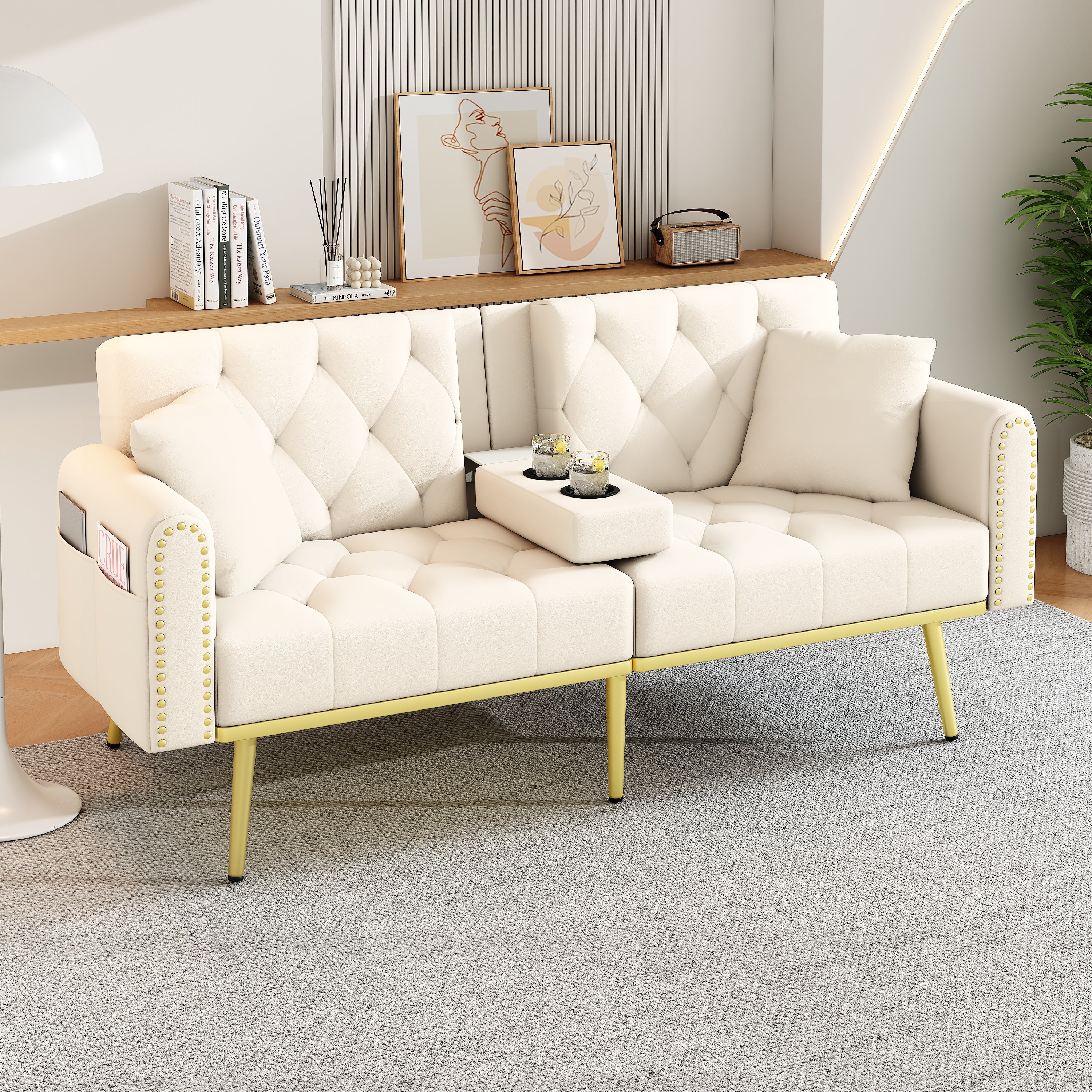 Sofa Bed Double Fold-Out Reclining Cup Holders - Fabric Beige - Image 2