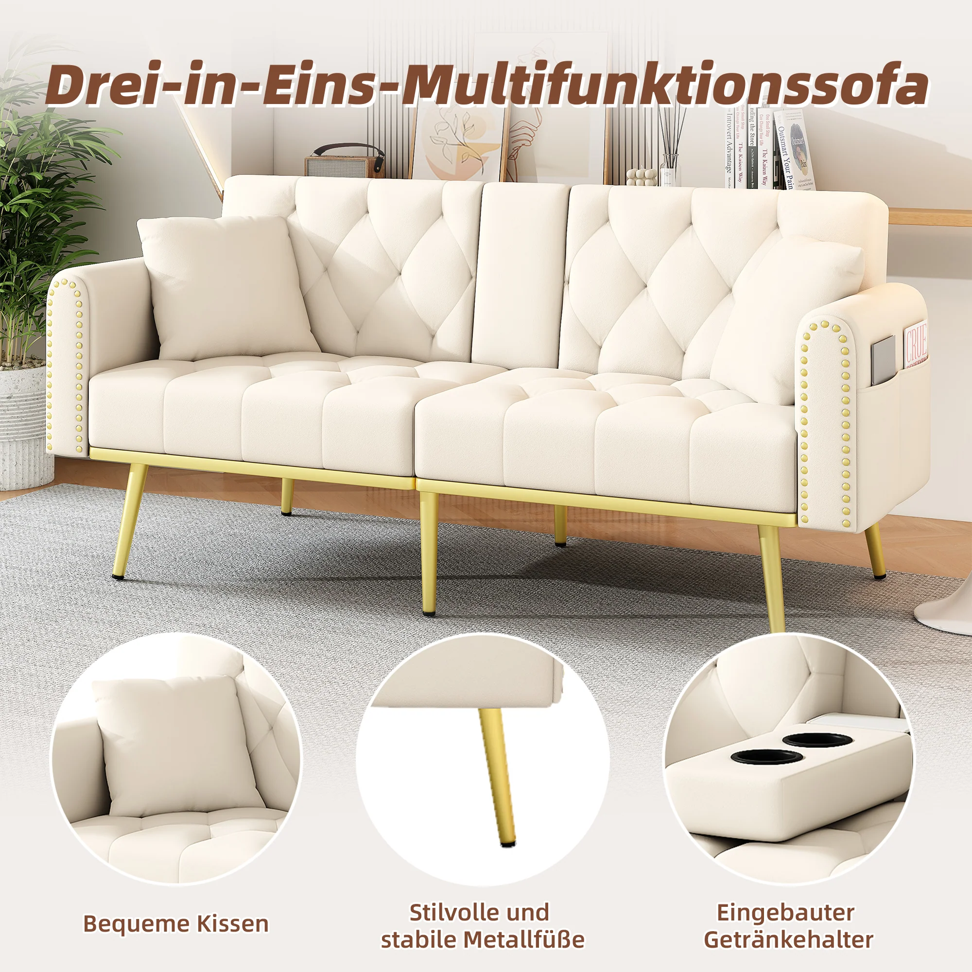 Sofa Bed Double Fold-Out Reclining Cup Holders - Fabric Beige - Image 5