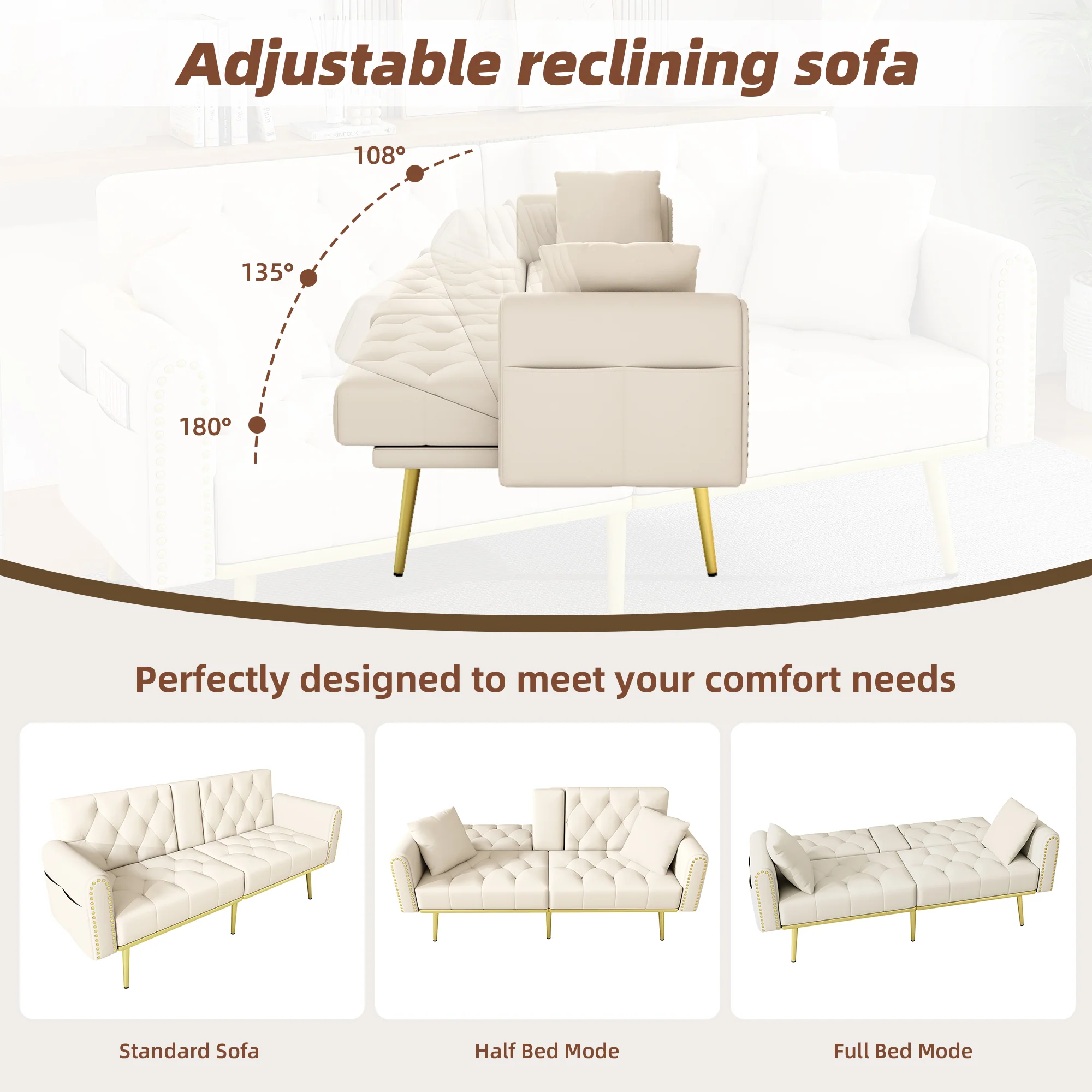 Sofa Bed Double Fold-Out Reclining Cup Holders - Fabric Beige - Image 6