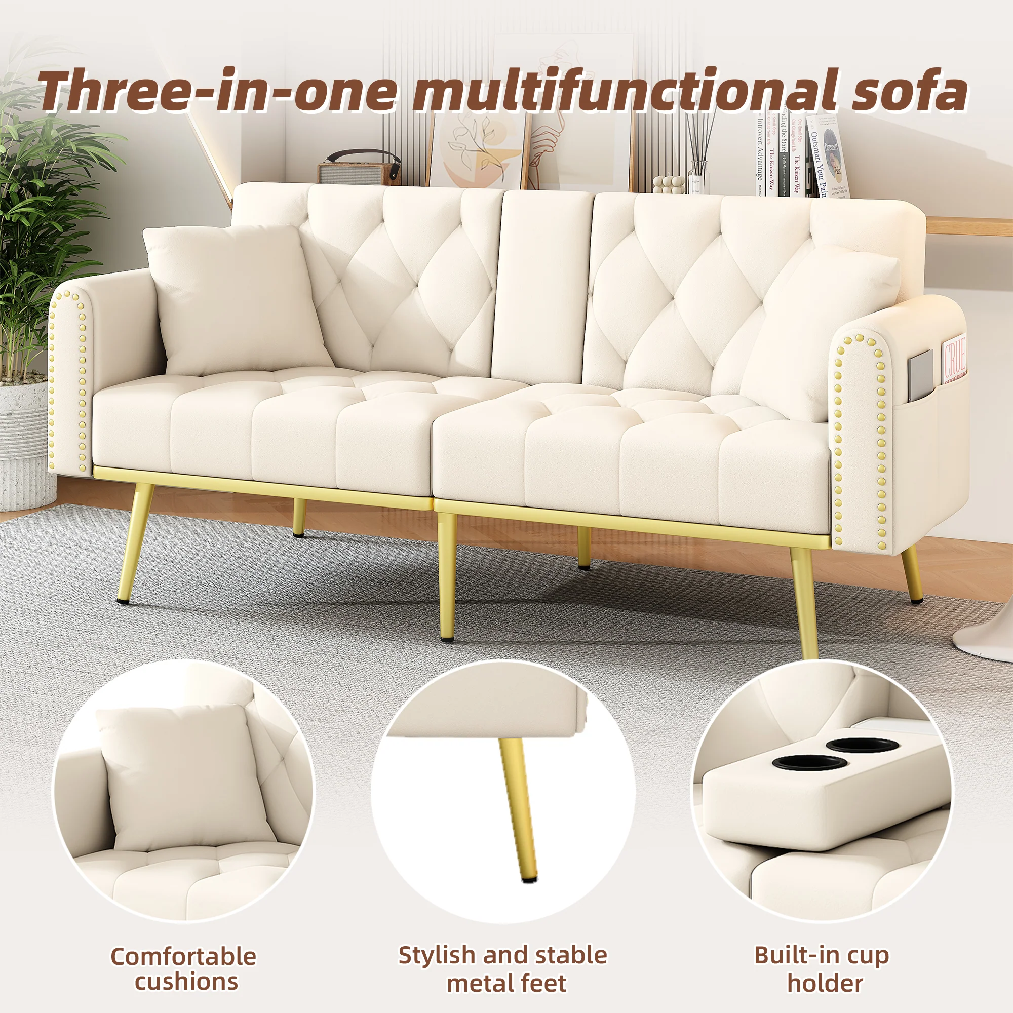 Sofa Bed Double Fold-Out Reclining Cup Holders - Fabric Beige - Image 7