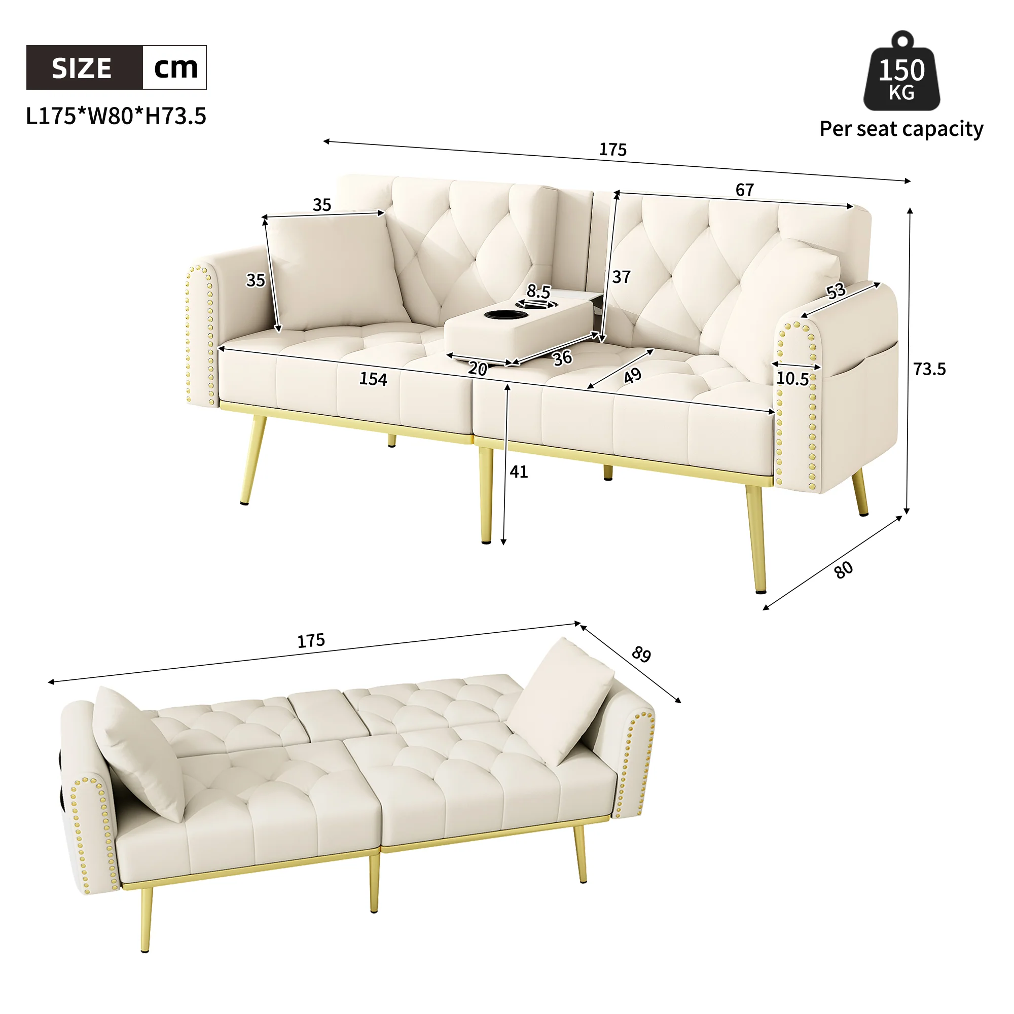 Sofa Bed Double Fold-Out Reclining Cup Holders - Fabric Beige - Image 8