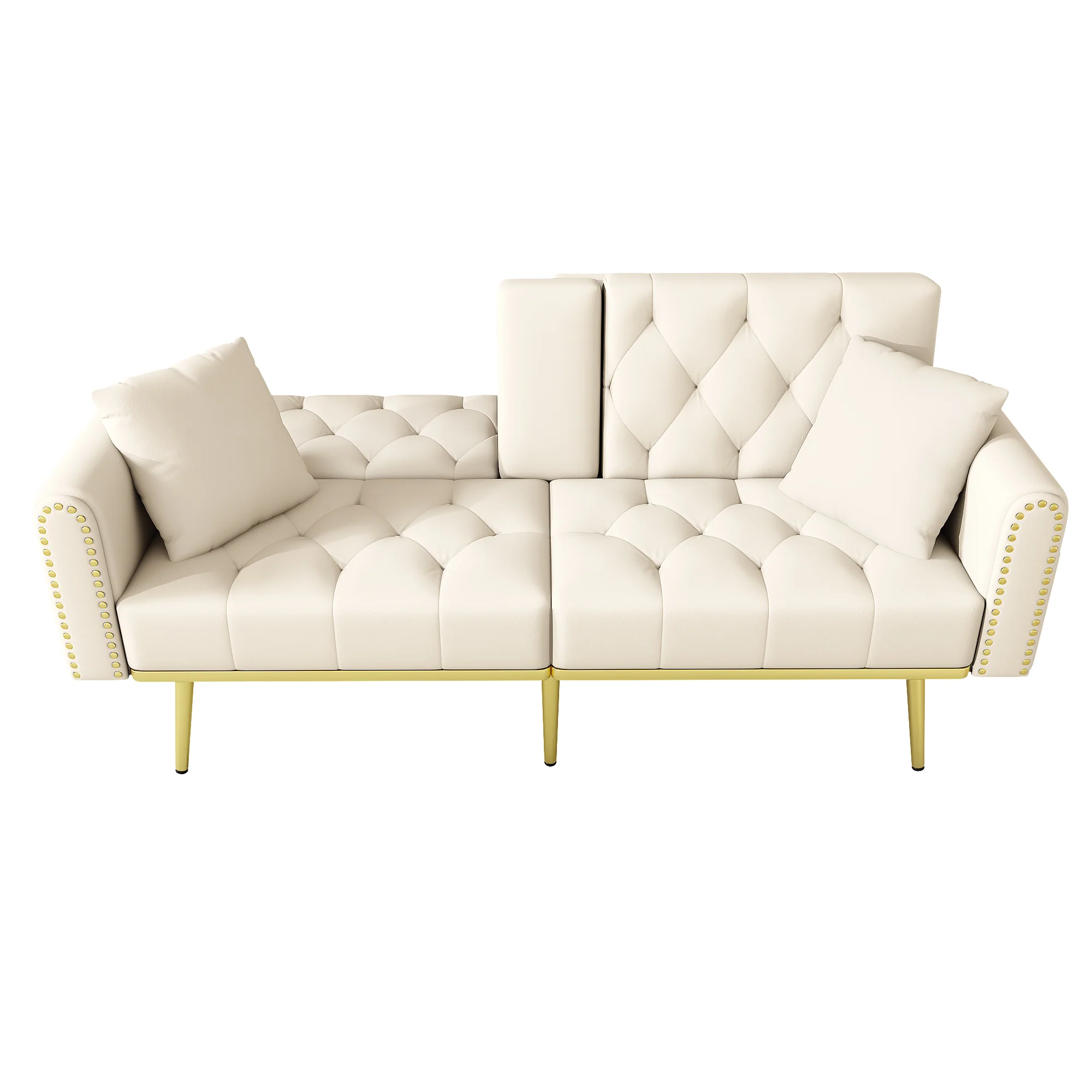 Sofa Bed Double Fold-Out Reclining Cup Holders - Fabric Beige - Image 9