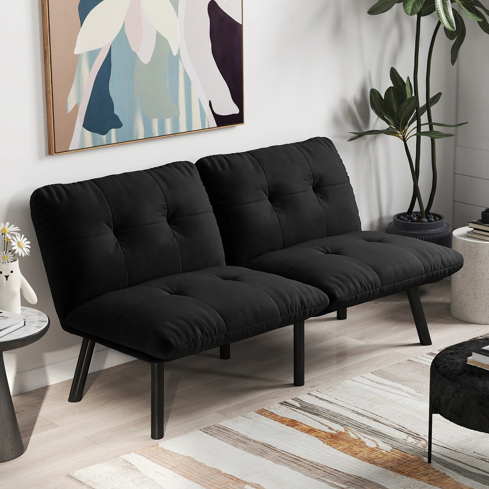 Sofa Bed Foldable 2-Seater Futon Guest Bed - Black