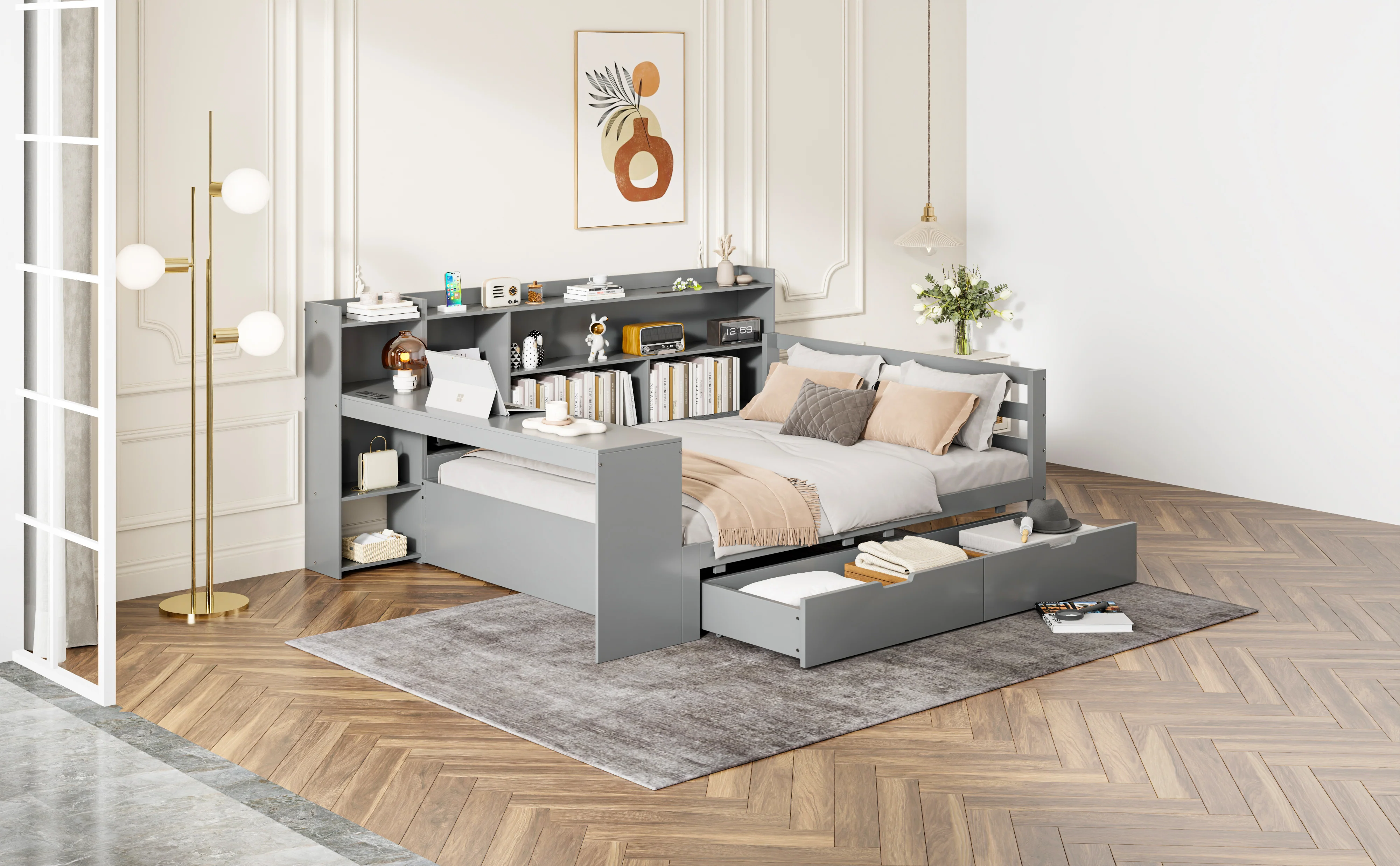Sofa Bed, Multifunctional 140x200cm with Desk Storage & Power Outlet, Solid Wood Grey - Image 5