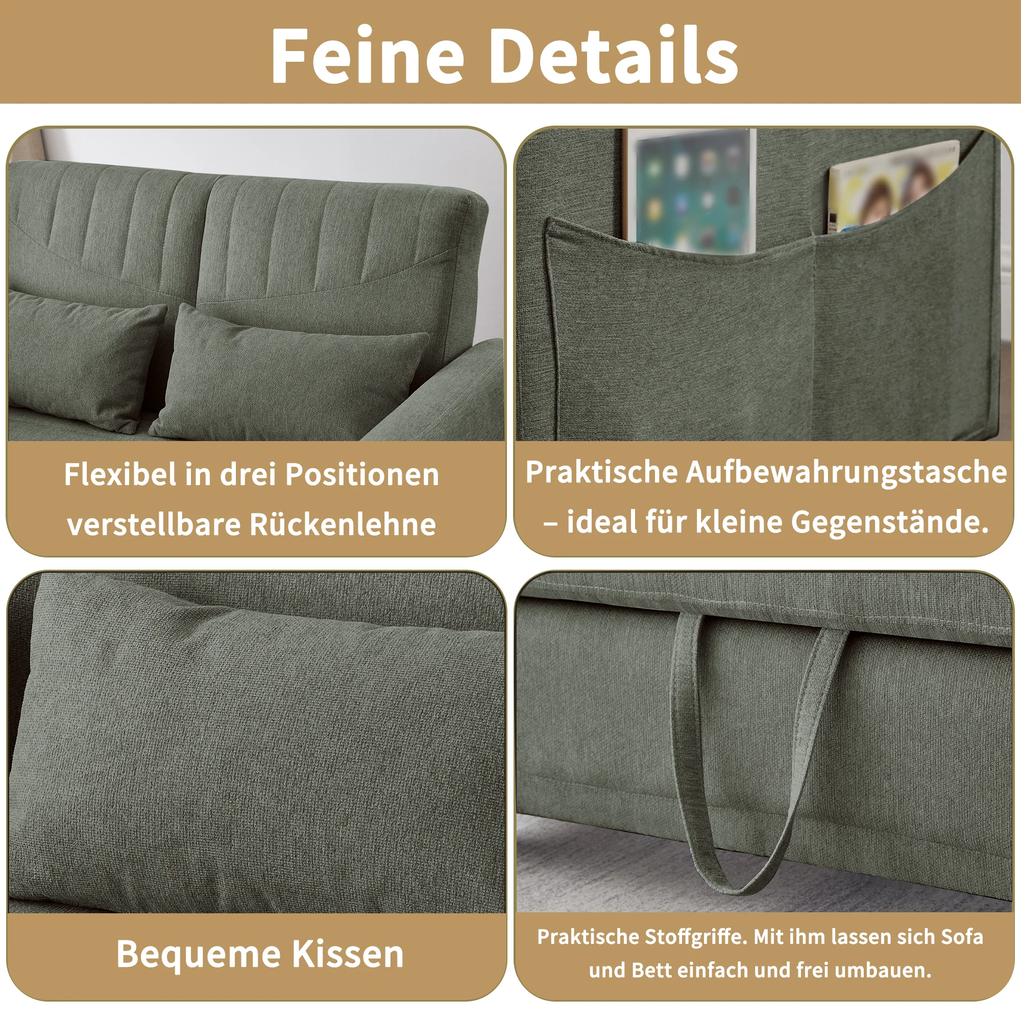Sofa Bed Two-seater Extendable 3-Position Adjustable Backrest - Cotton-Linen Fabric - Image 10