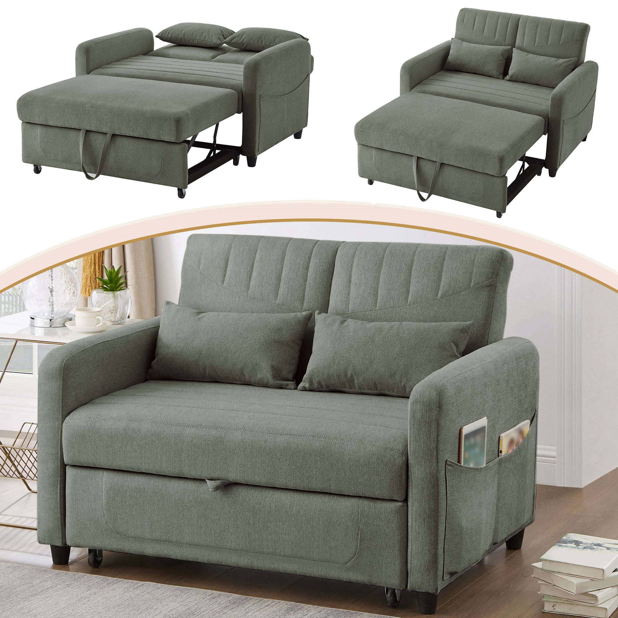 Sofa Bed Two-seater Extendable 3-Position Adjustable Backrest - Cotton-Linen Fabric - Image 3