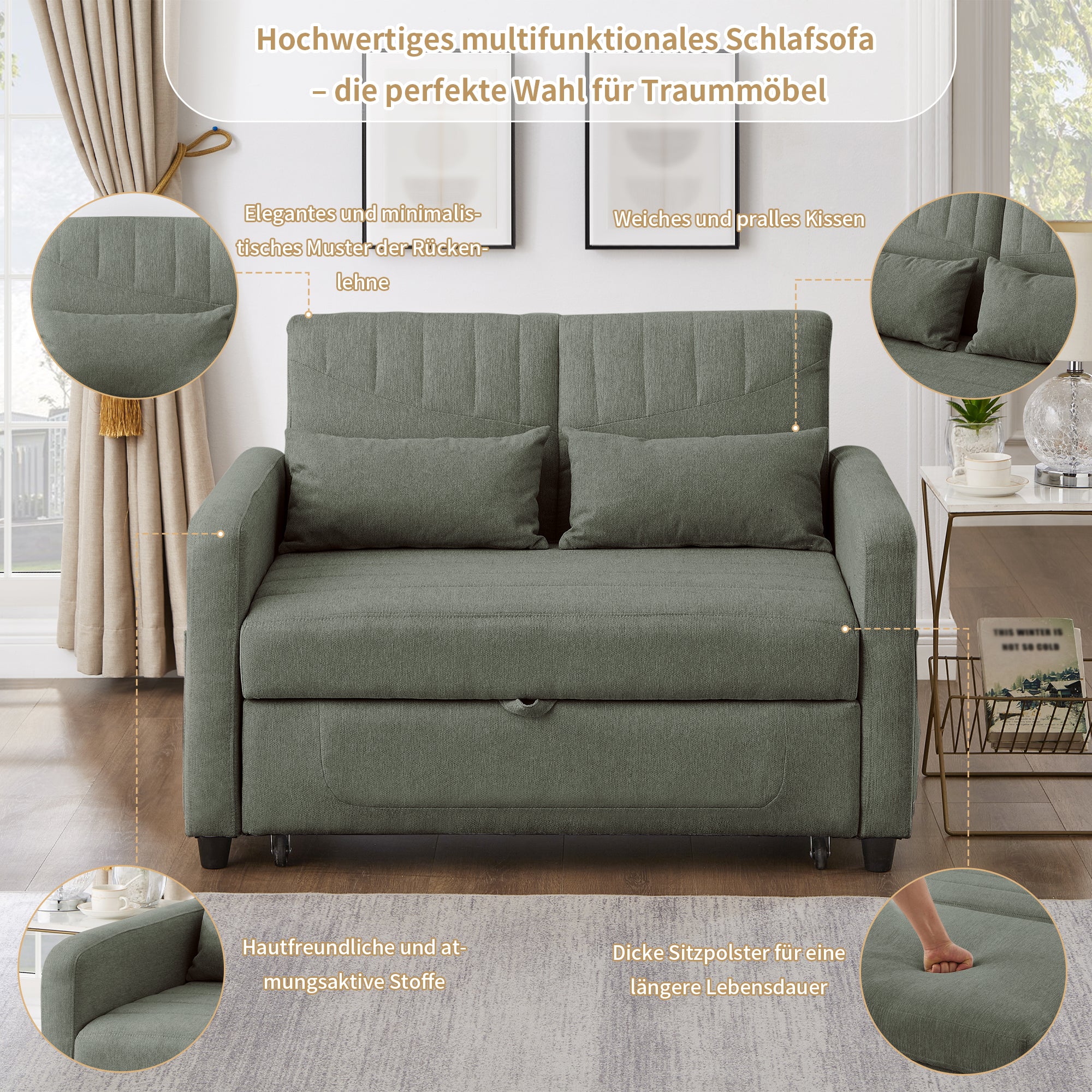 Sofa Bed Two-seater Extendable 3-Position Adjustable Backrest - Cotton-Linen Fabric - Image 4