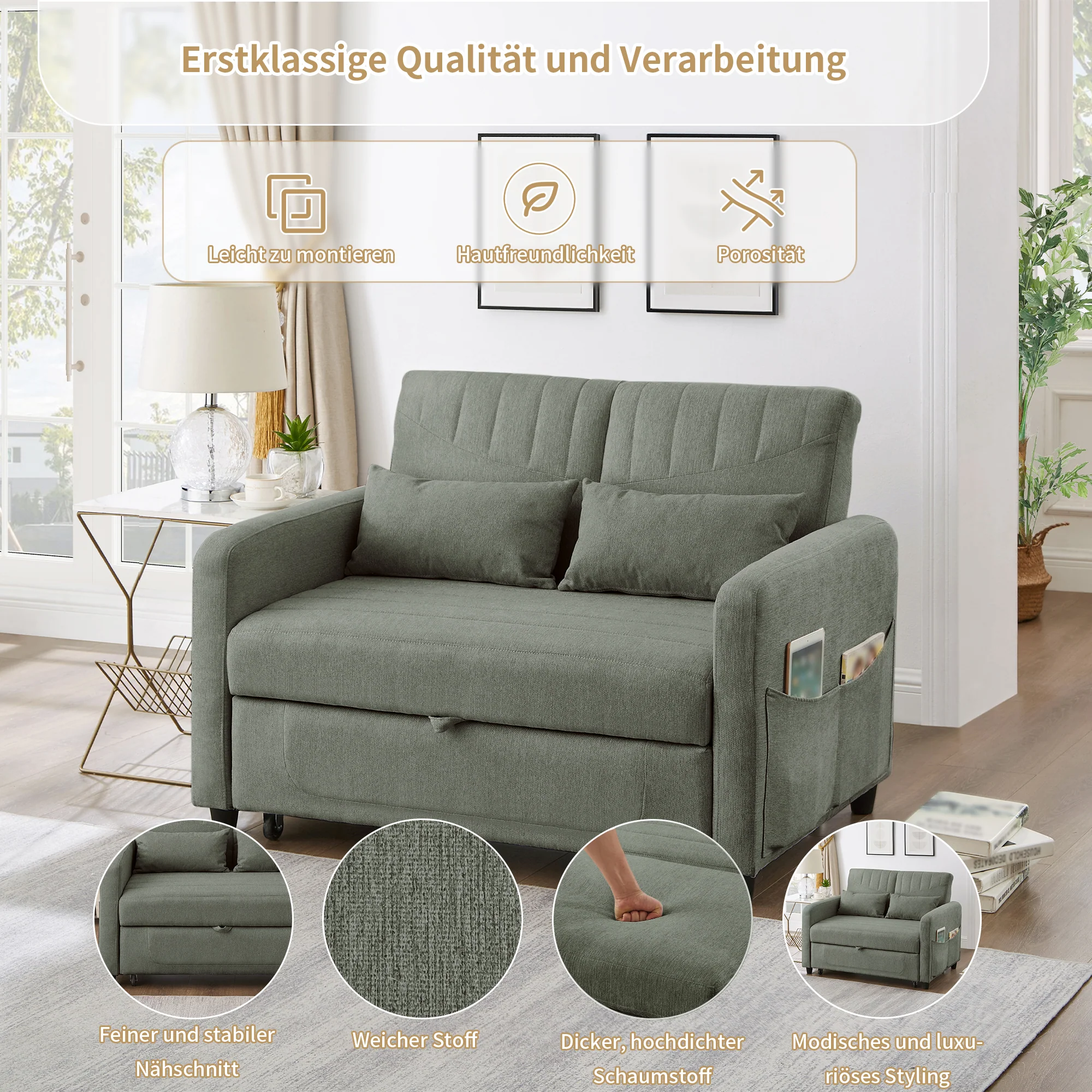 Sofa Bed Two-seater Extendable 3-Position Adjustable Backrest - Cotton-Linen Fabric - Image 5