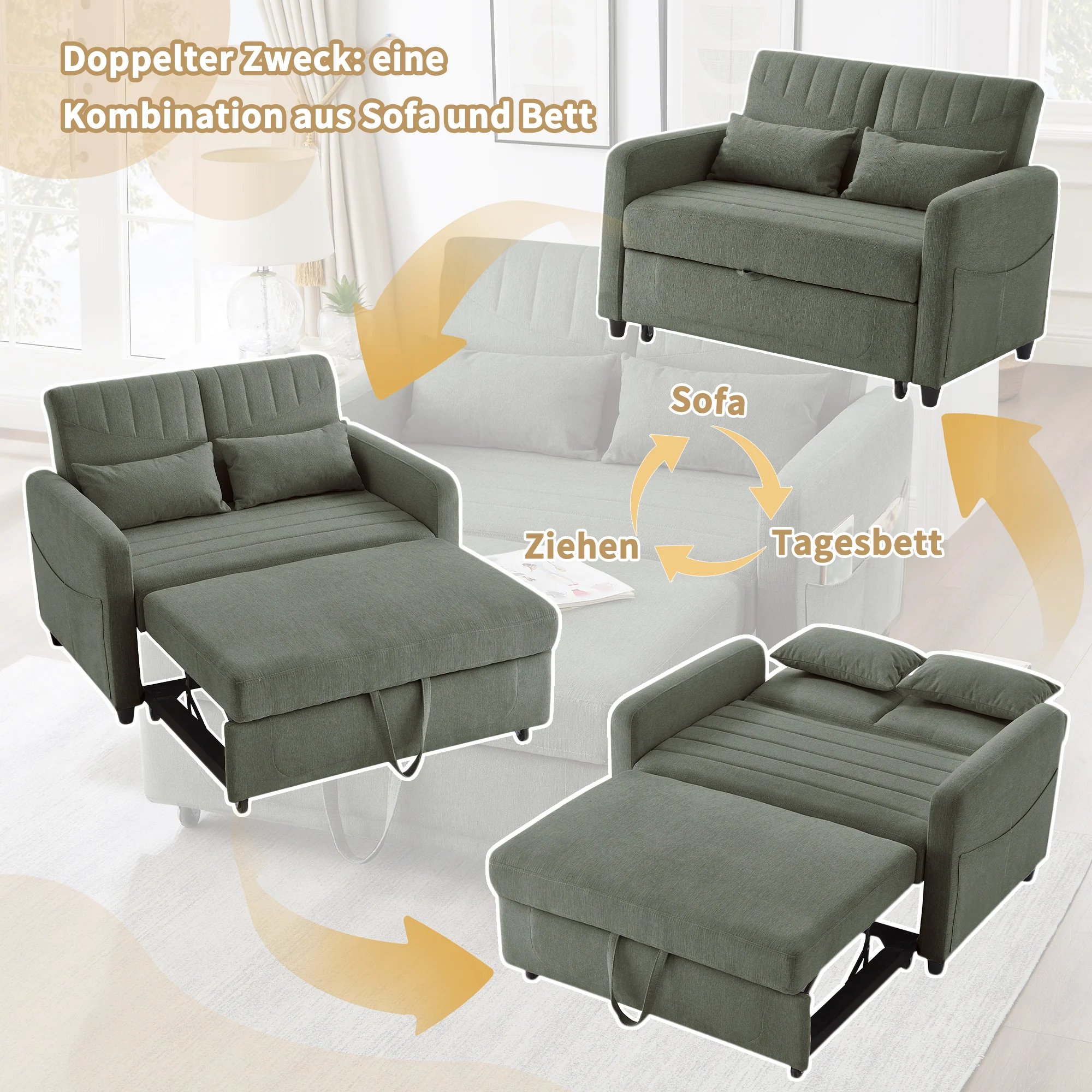 Sofa Bed Two-seater Extendable 3-Position Adjustable Backrest - Cotton-Linen Fabric - Image 9
