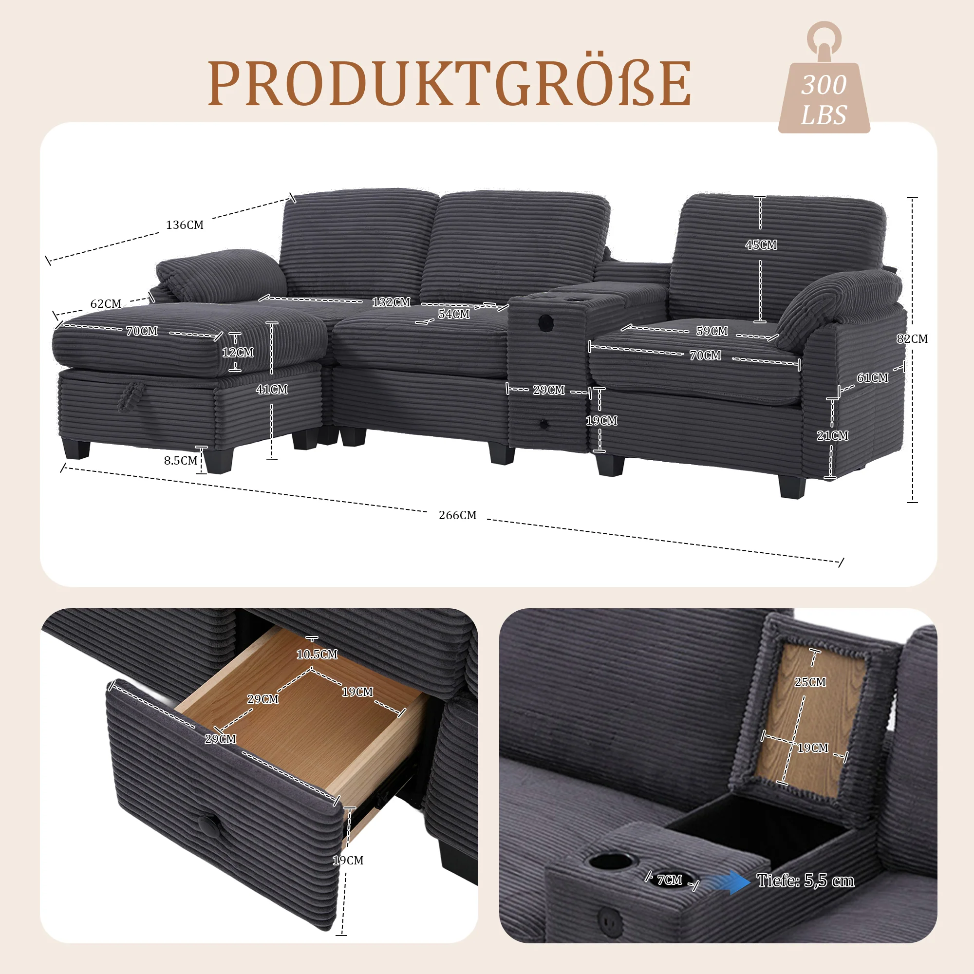 Sofa - Comfort Foam, Removable Console, USB-C, Storage Ottoman - Corduroy - Image 2
