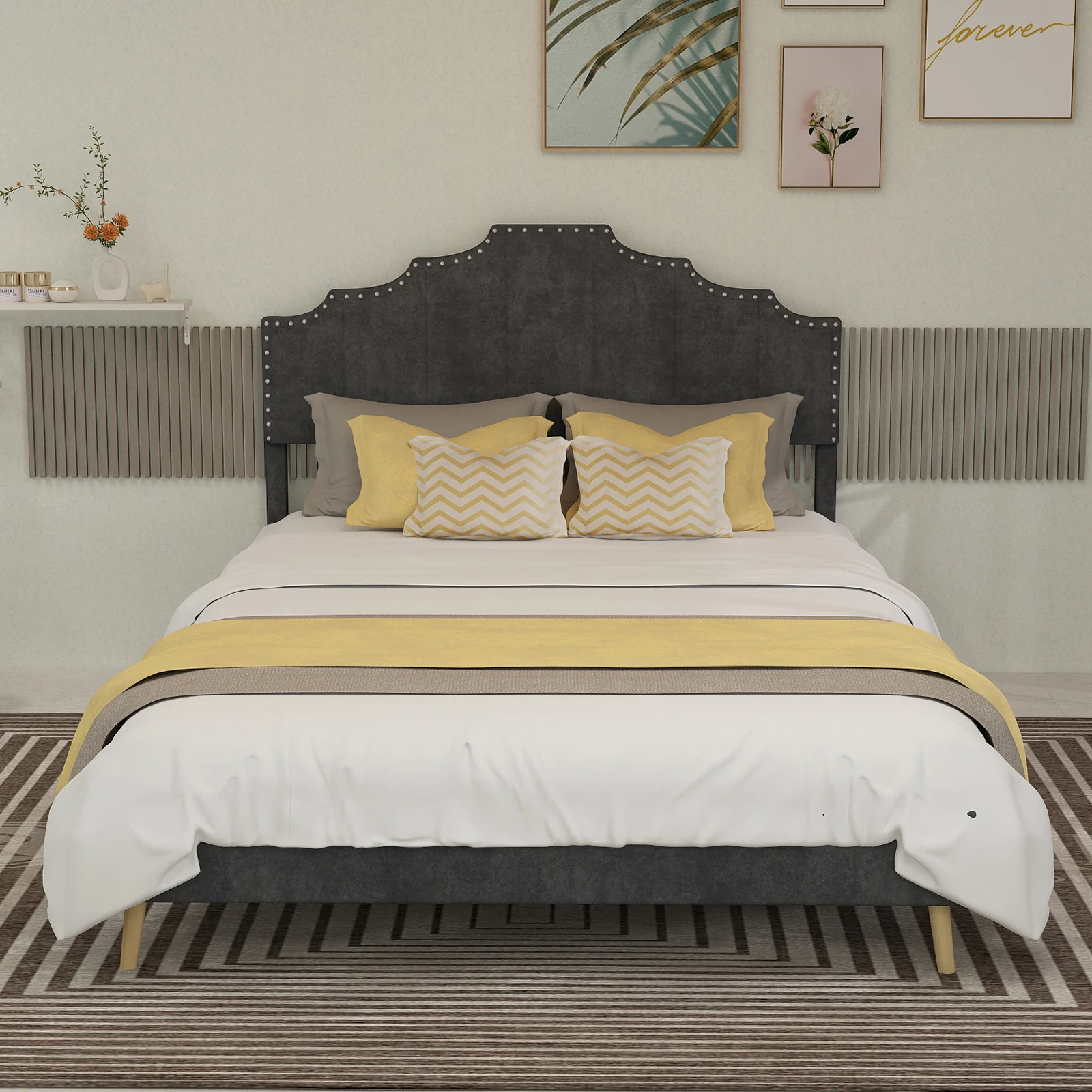 Soft Bed 140x200cm Modern Minimalist Comfortable Headboard Low Box Frame Gray