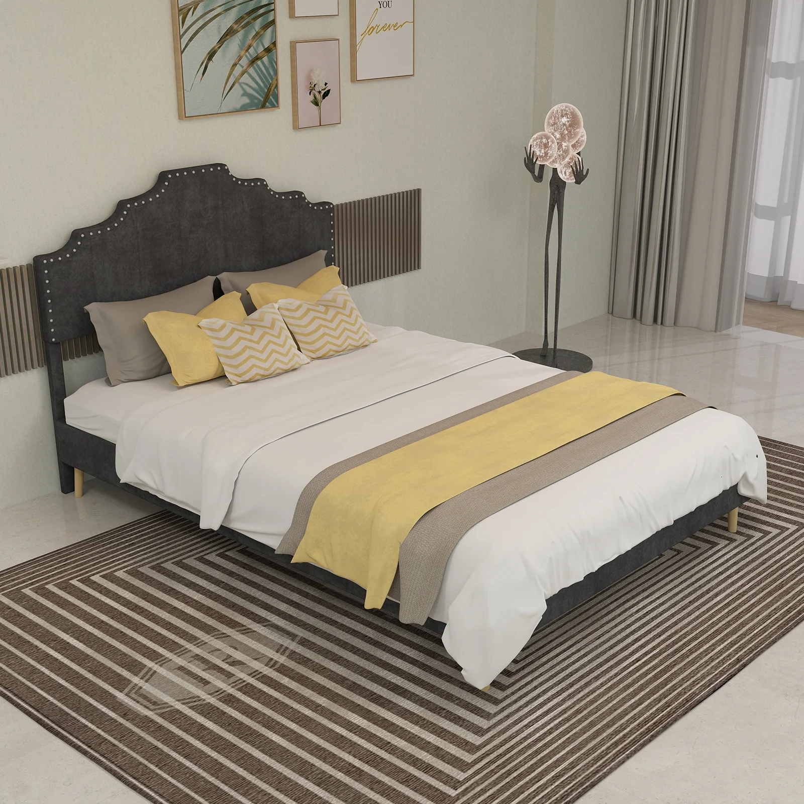 Soft Bed 140x200cm Modern Minimalist Comfortable Headboard Low Box Frame Gray - Image 5