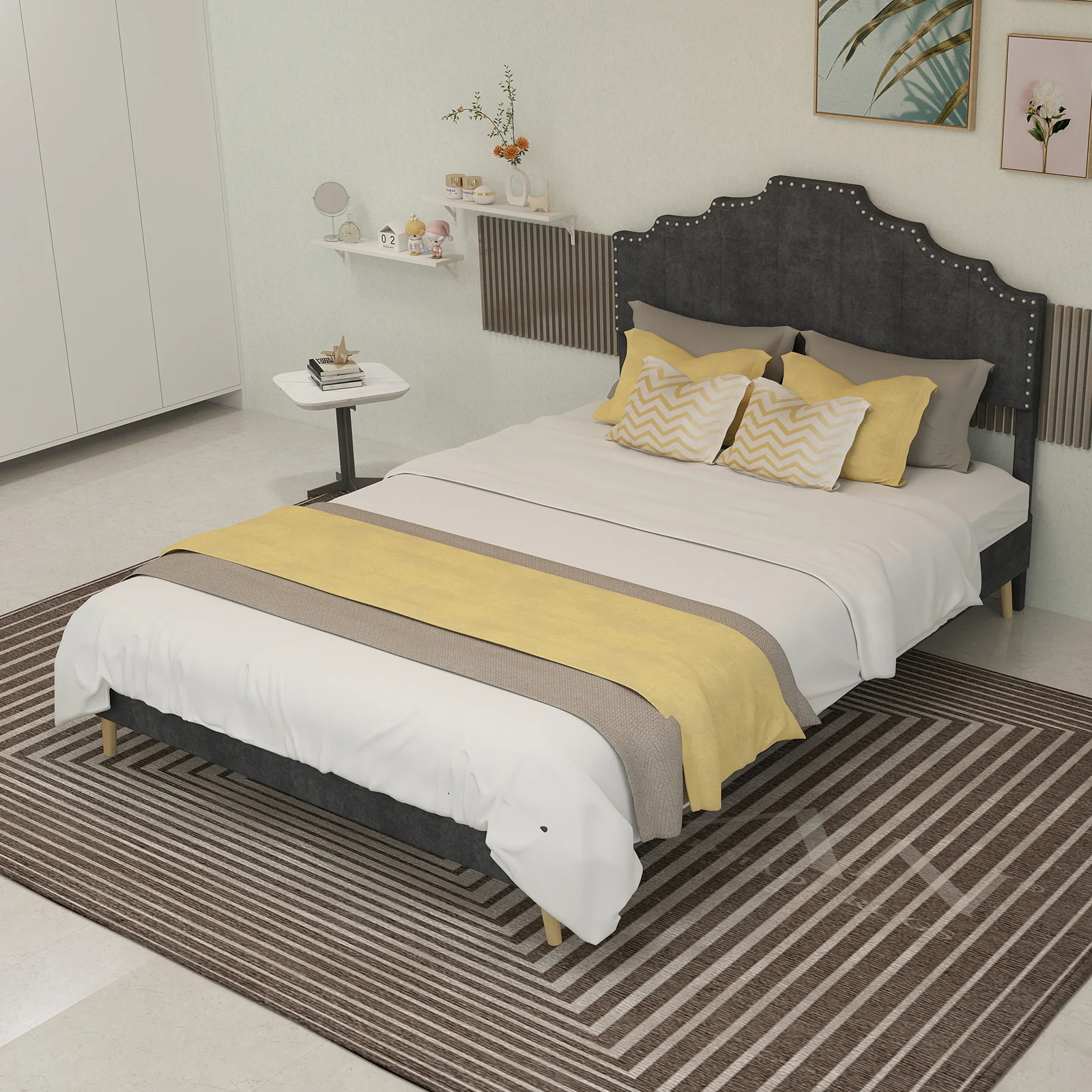 Soft Bed 140x200cm Modern Minimalist Comfortable Headboard Low Box Frame Gray - Image 7