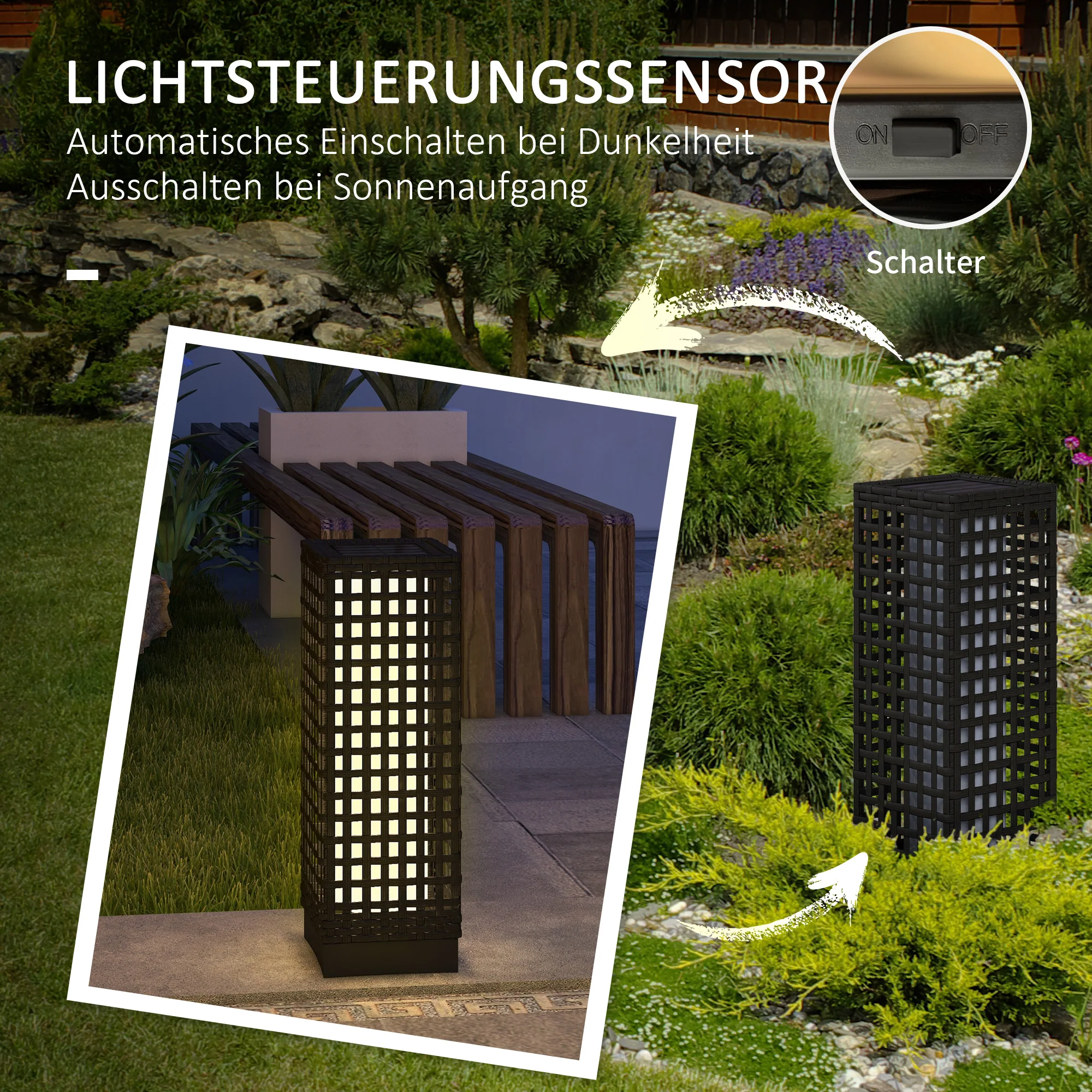 Solar Light Rattan Design Waterproof Light Sensor LED Garden Lamp, Black - Image 6