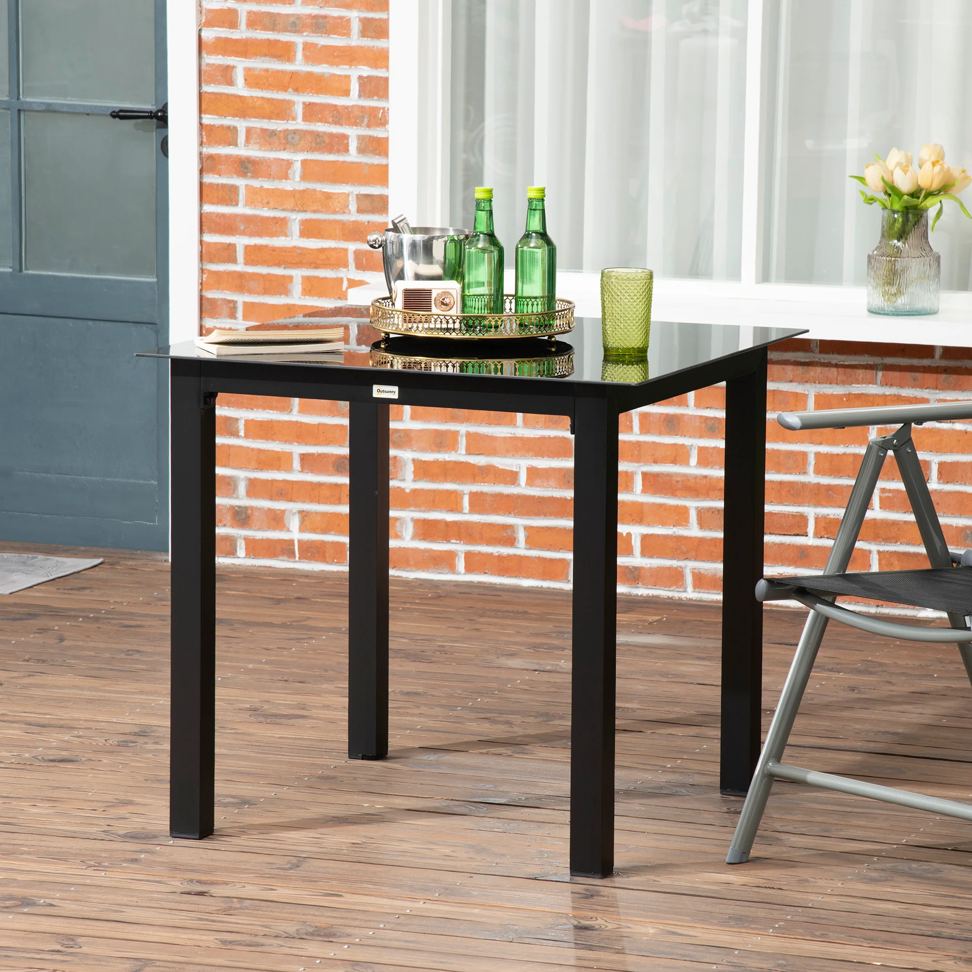 Square Garden Table 80x80cm, 4-Person Tempered Glass Top, Black Aluminum - Image 2