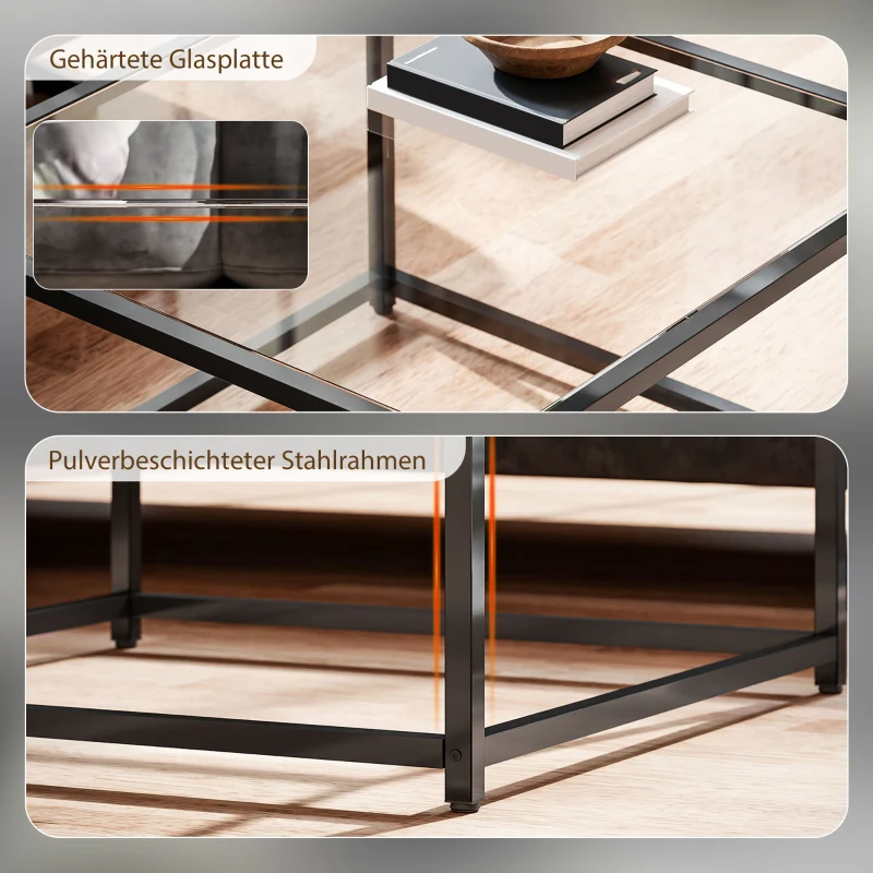 Square Side Table Tempered Glass Top Steel Legs - Black - Image 4