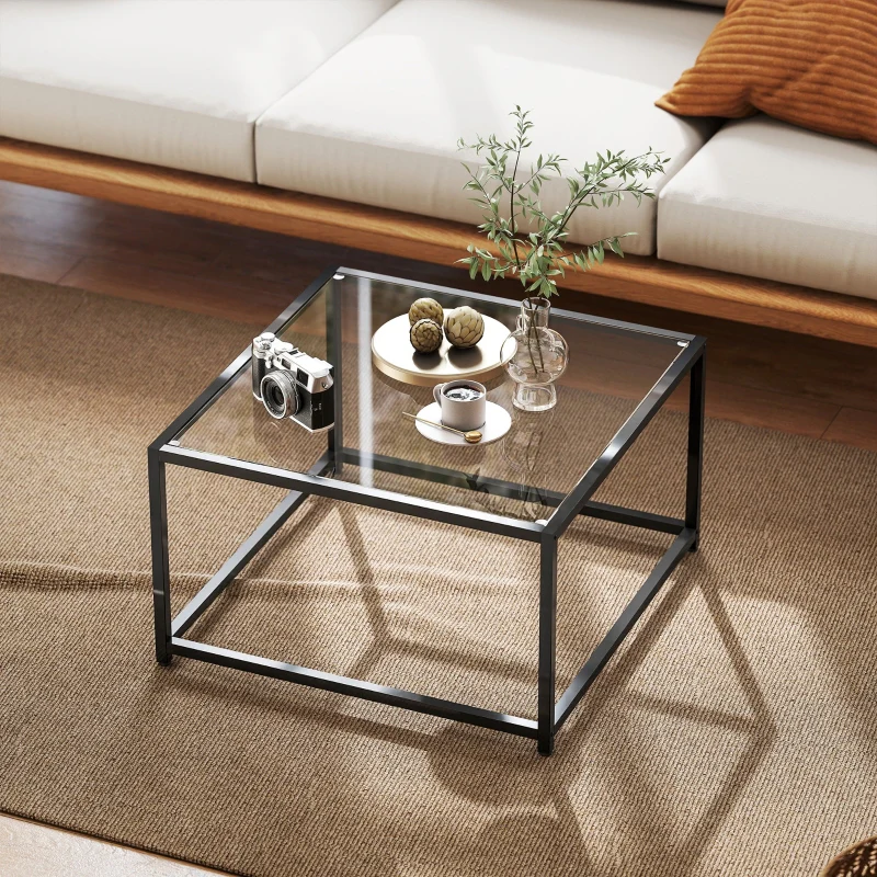 Square Side Table Tempered Glass Top Steel Legs - Black - Image 5
