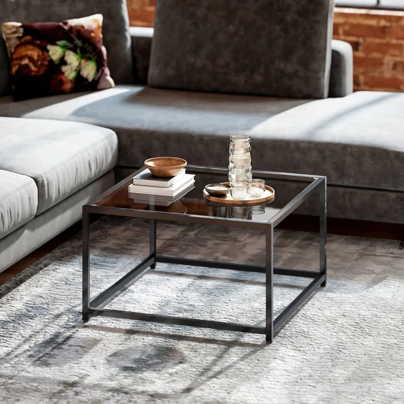 Square Side Table Tempered Glass Top Steel Legs - Black - Image 7