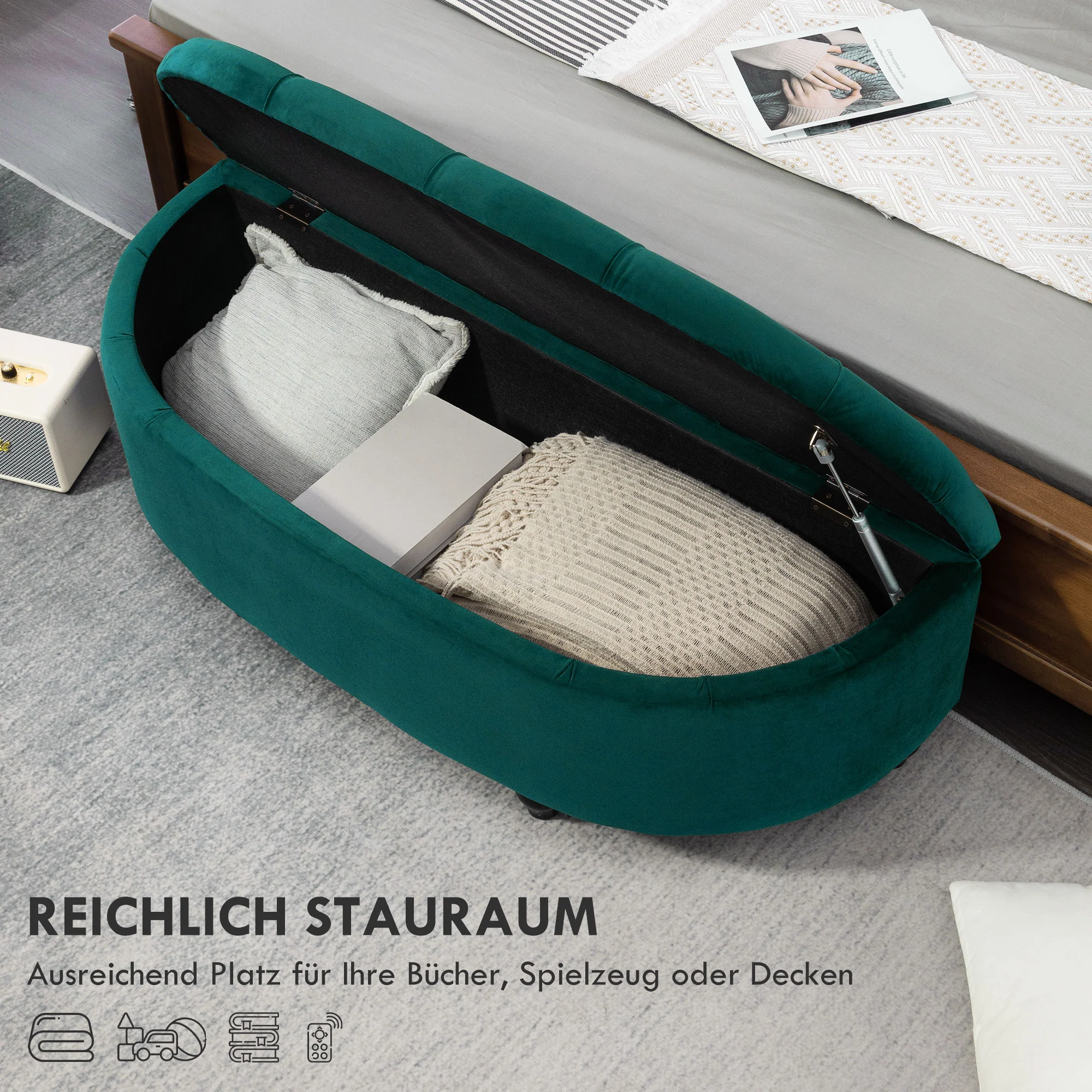 Storage Bench, Open Lid Upholstered, Dark Green Velvet - Image 4