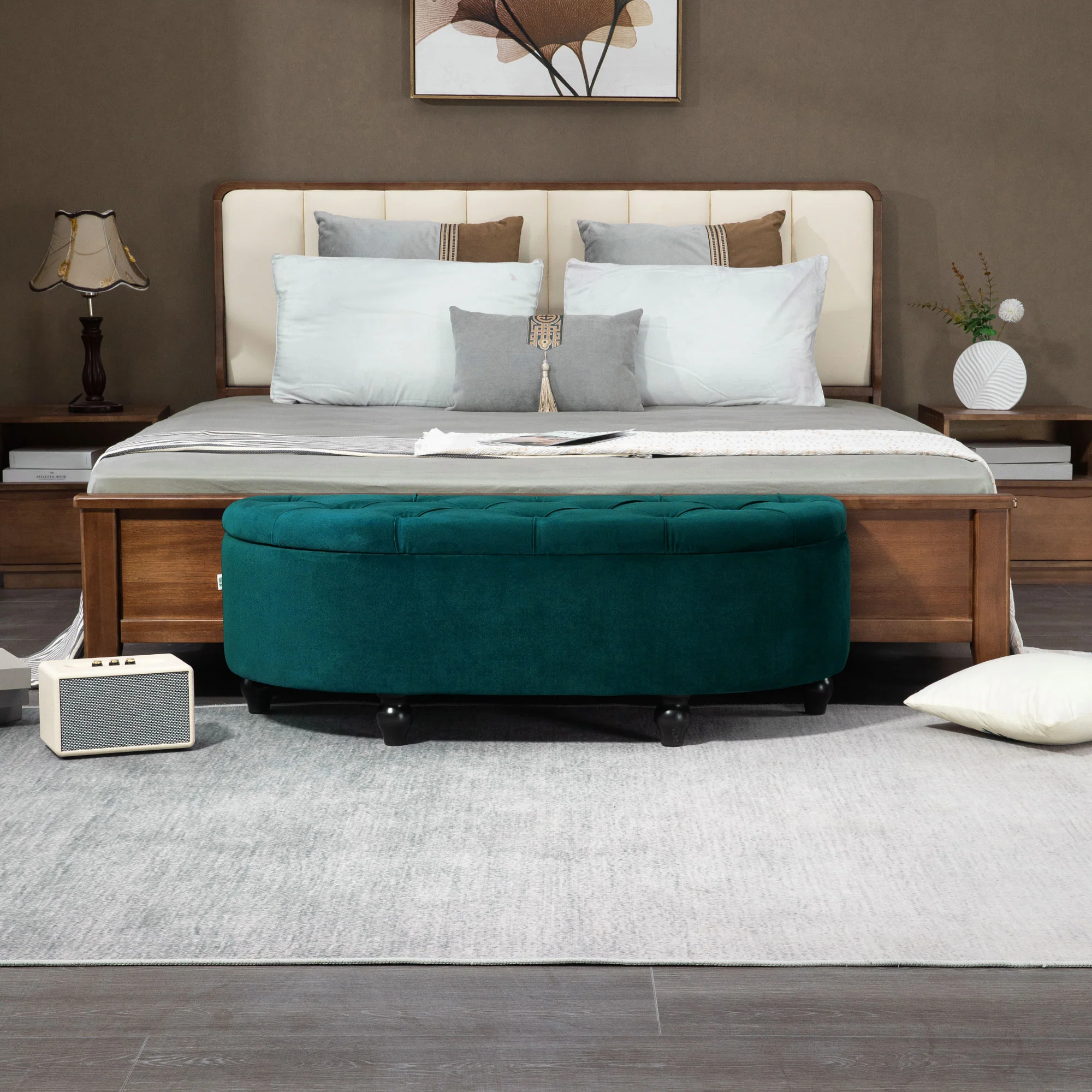 Storage Bench, Open Lid Upholstered, Dark Green Velvet - Image 8