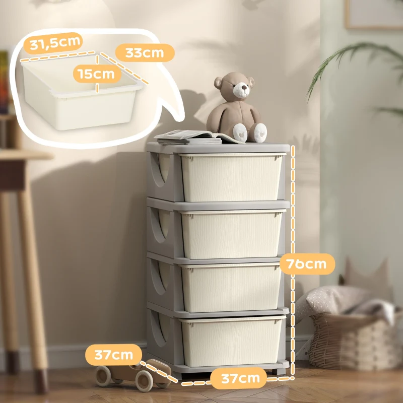 Storage Boxes 4 Large Drawers Rounded Edges 37x37x76cm - Plastic Cream White - Image 3