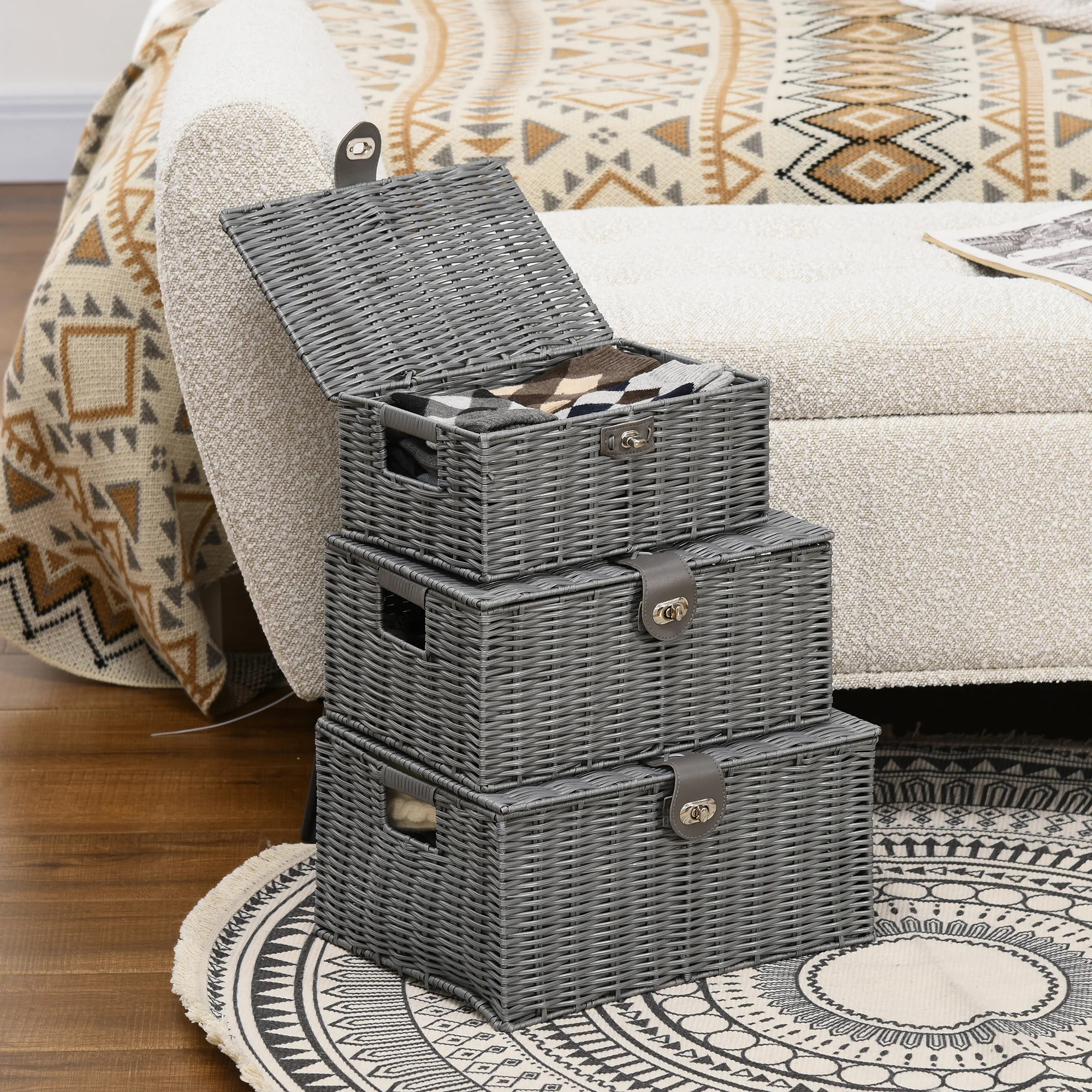 Storage Boxes Set of 3 with Lids & Buckles 18L 12L 7L, Grey - Image 2