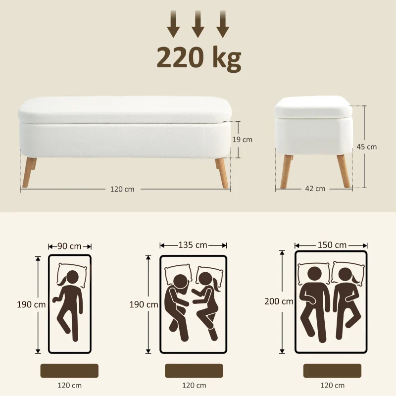 Storage Ottoman 65L Storage 120x42x45cm - Fleece Cream White - Image 2